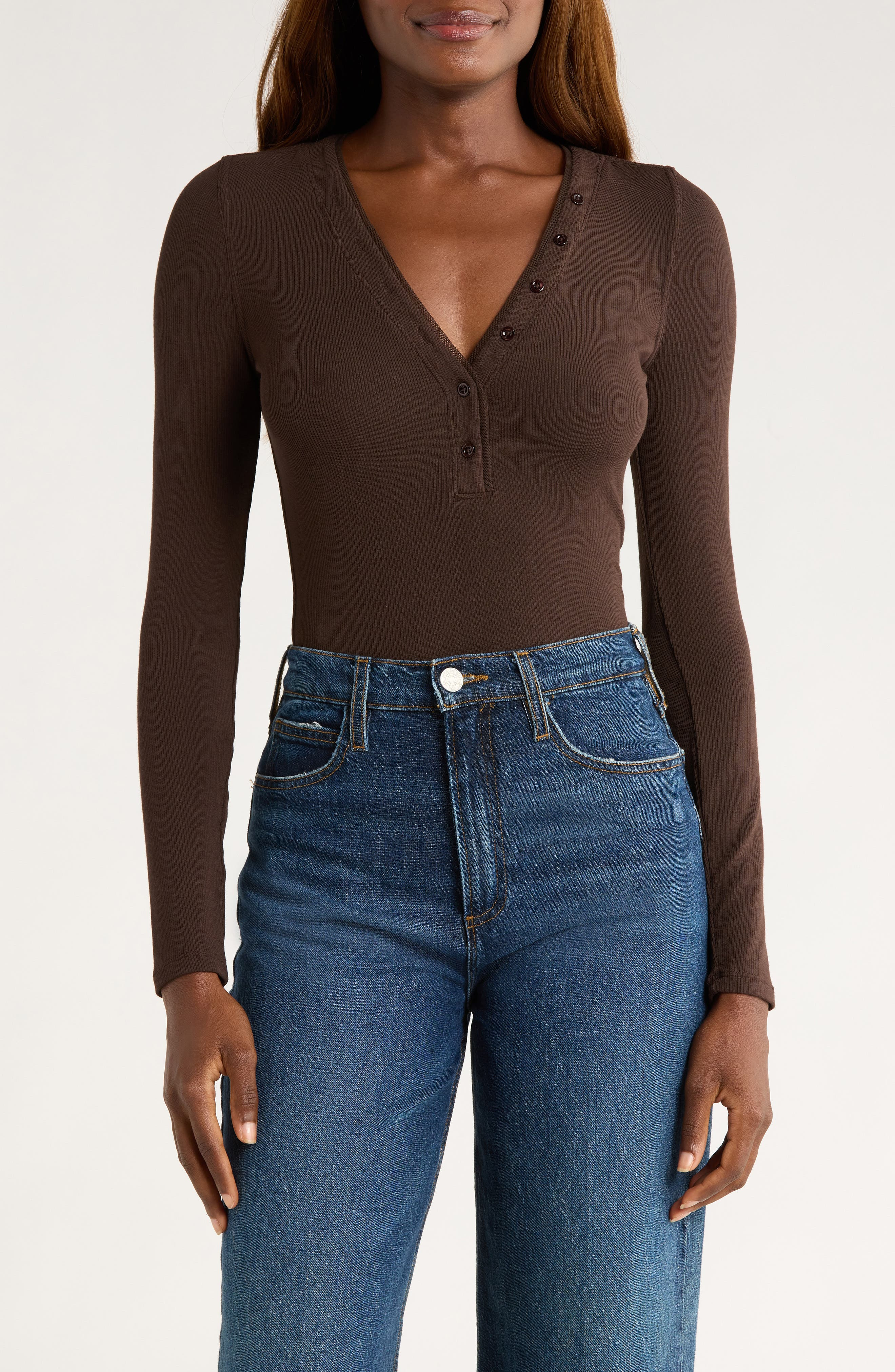FRAME The Mesh Trim Rib Henley in Coffee at Nordstrom - 1