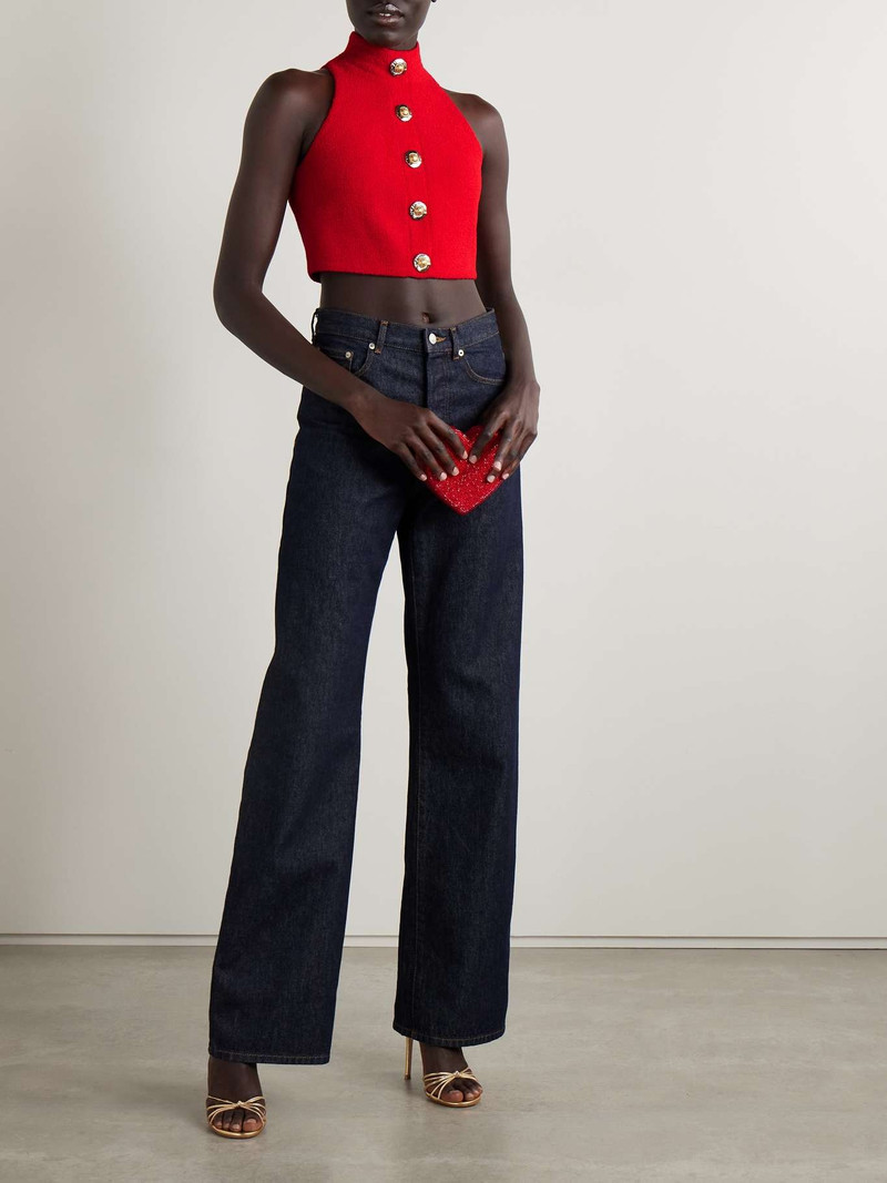 Balmain Cropped button-embellished wool-blend bouclé top Red outlook