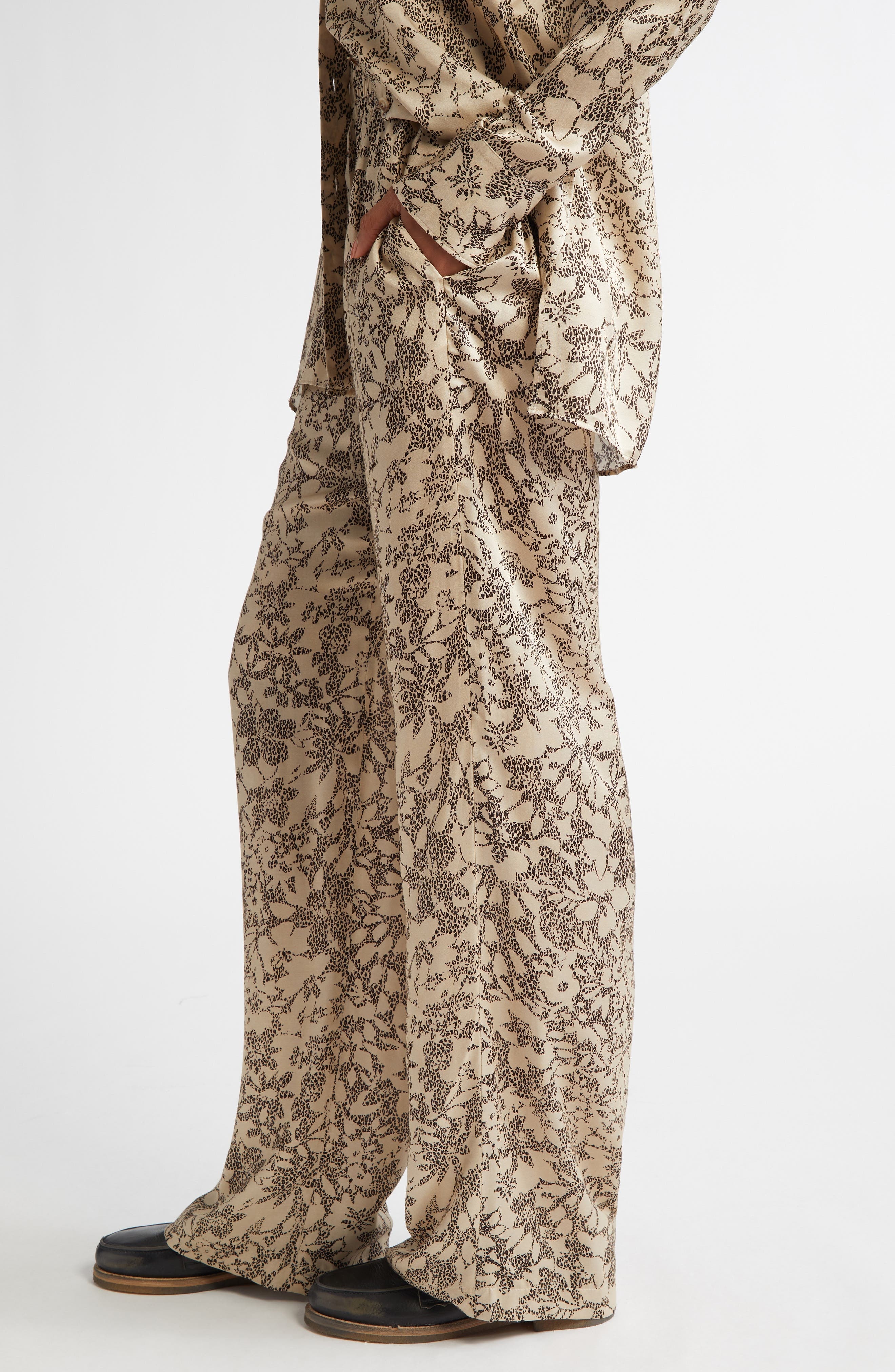 Golden Goose Floral Print Silk Blend Pajama Pants in Safari/Black at Nordstrom - 4