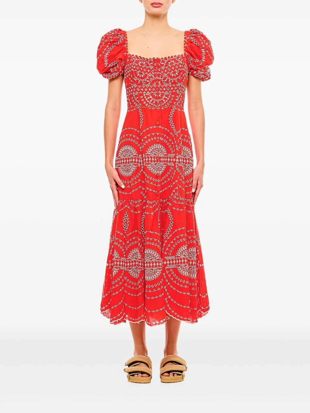 puff-sleeve embroidered midi dress - 1