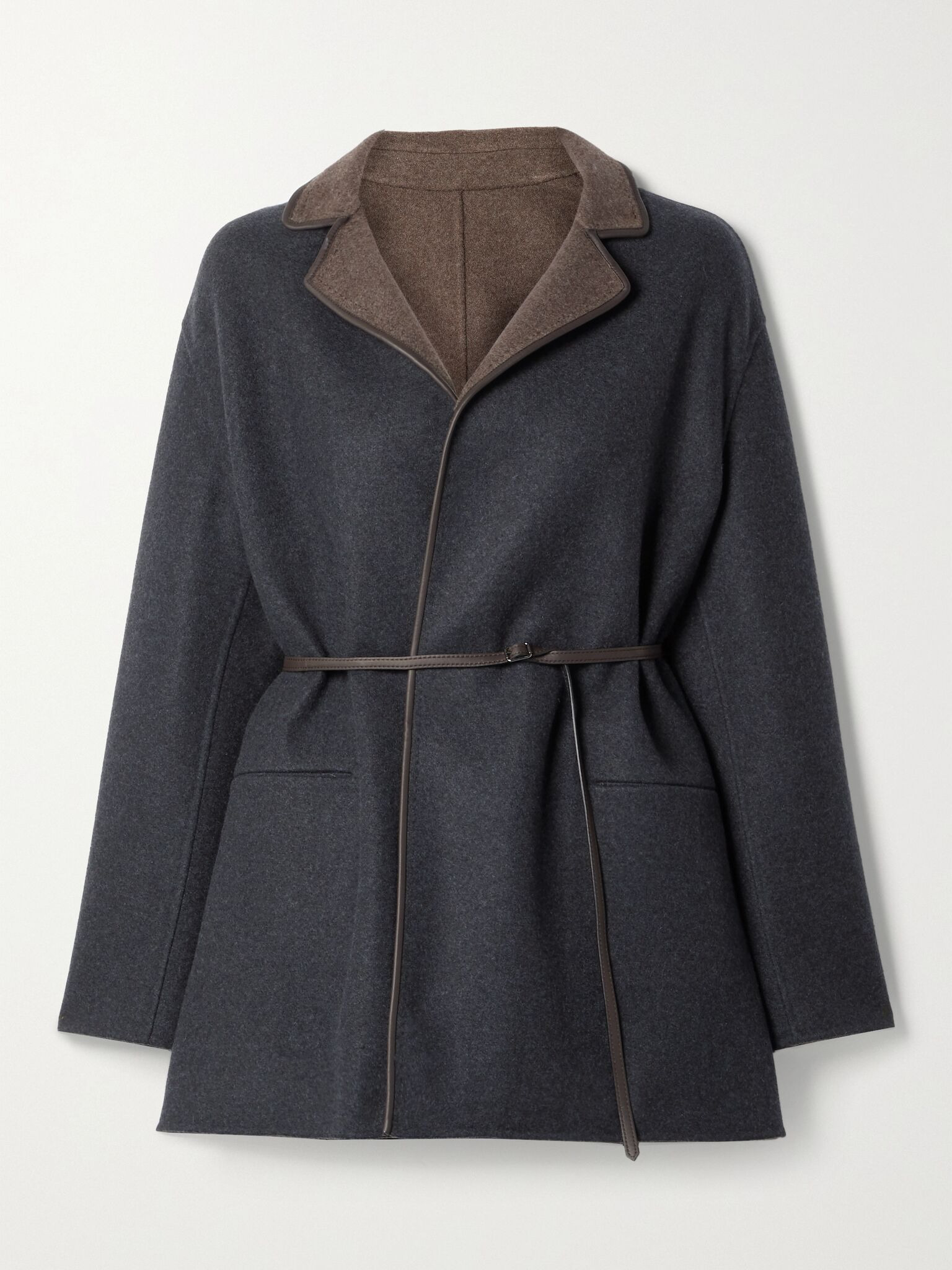Jimi reversible belted leather-trimmed cashmere-blend jacket Charcoal - 1