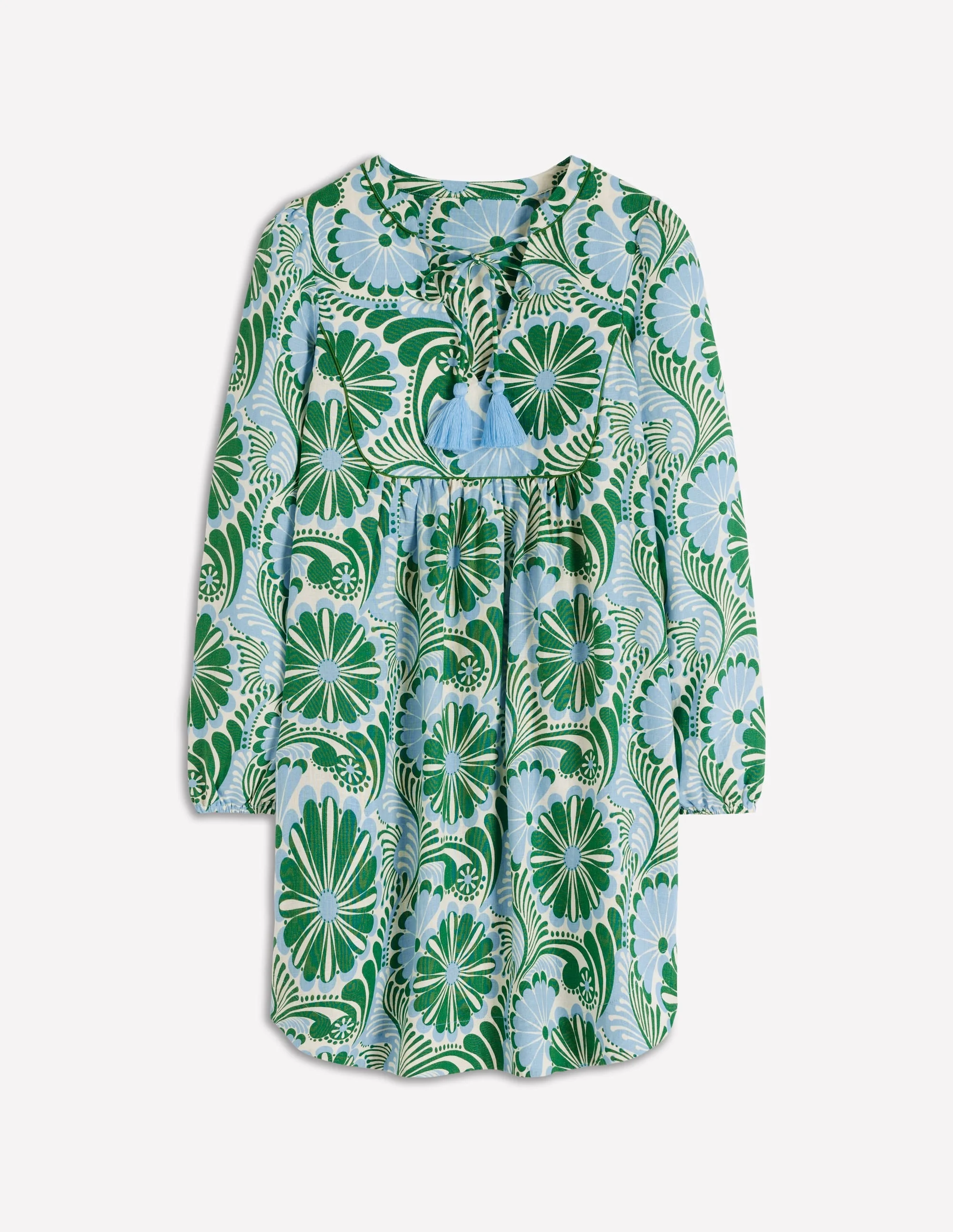 Pia Linen Yoke Tassel Dress-Blue Euphoric Garden - 1