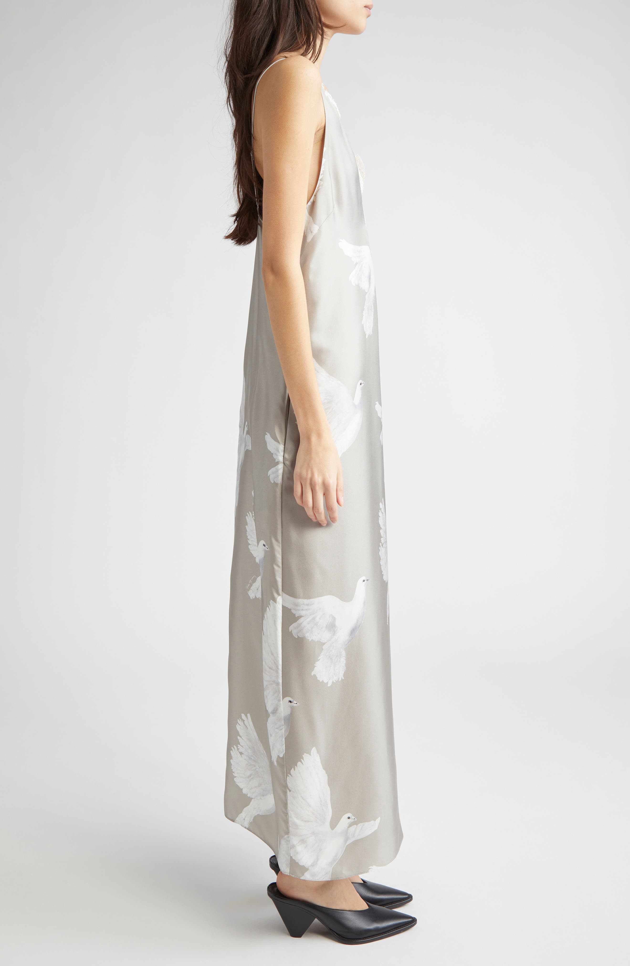Stella McCartney Dove Print Silk & Chantilly Lace Dress in Mud at Nordstrom - 3