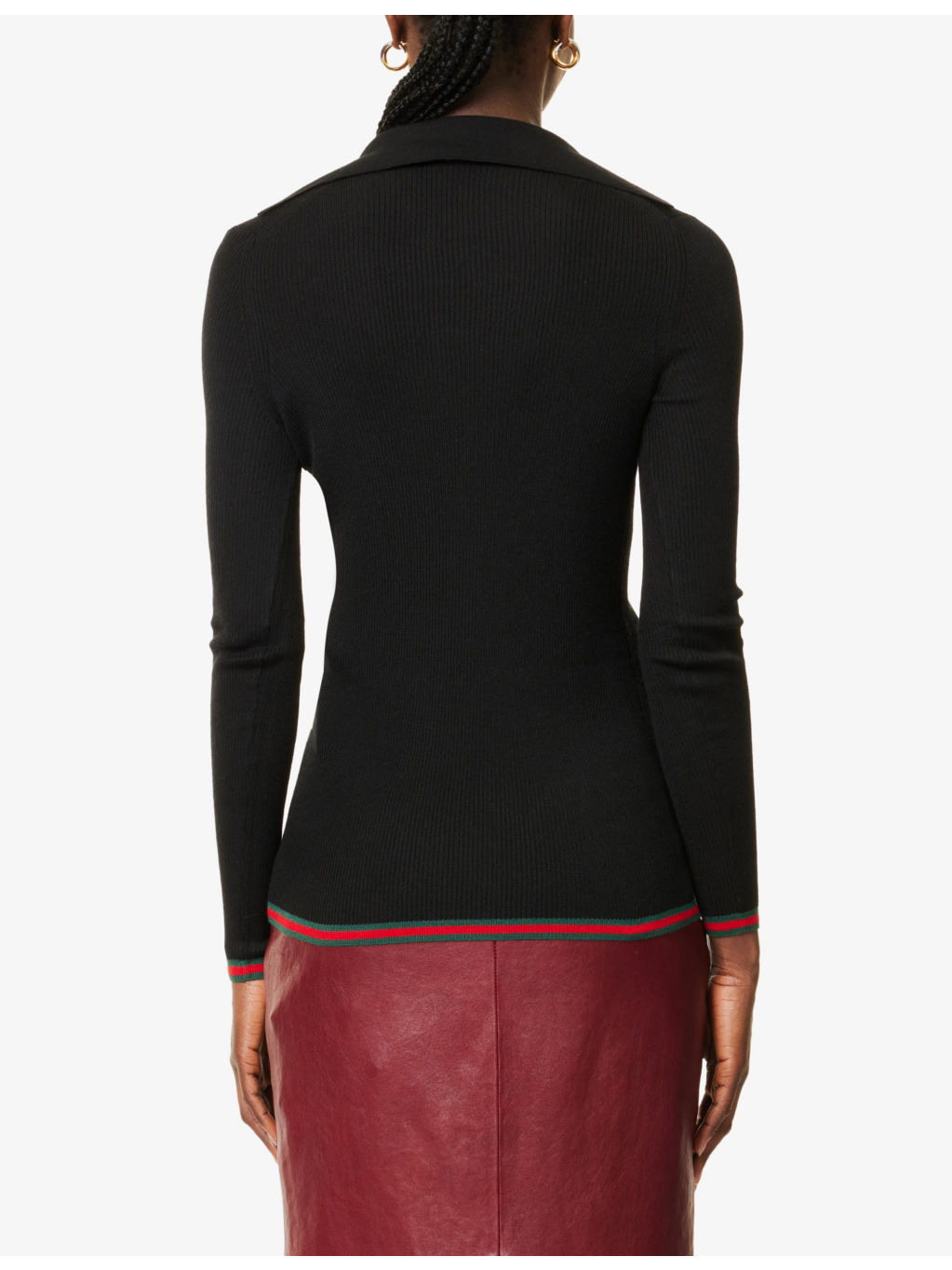Polo-collar striped-trim cashmere-silk blend knit top - 4