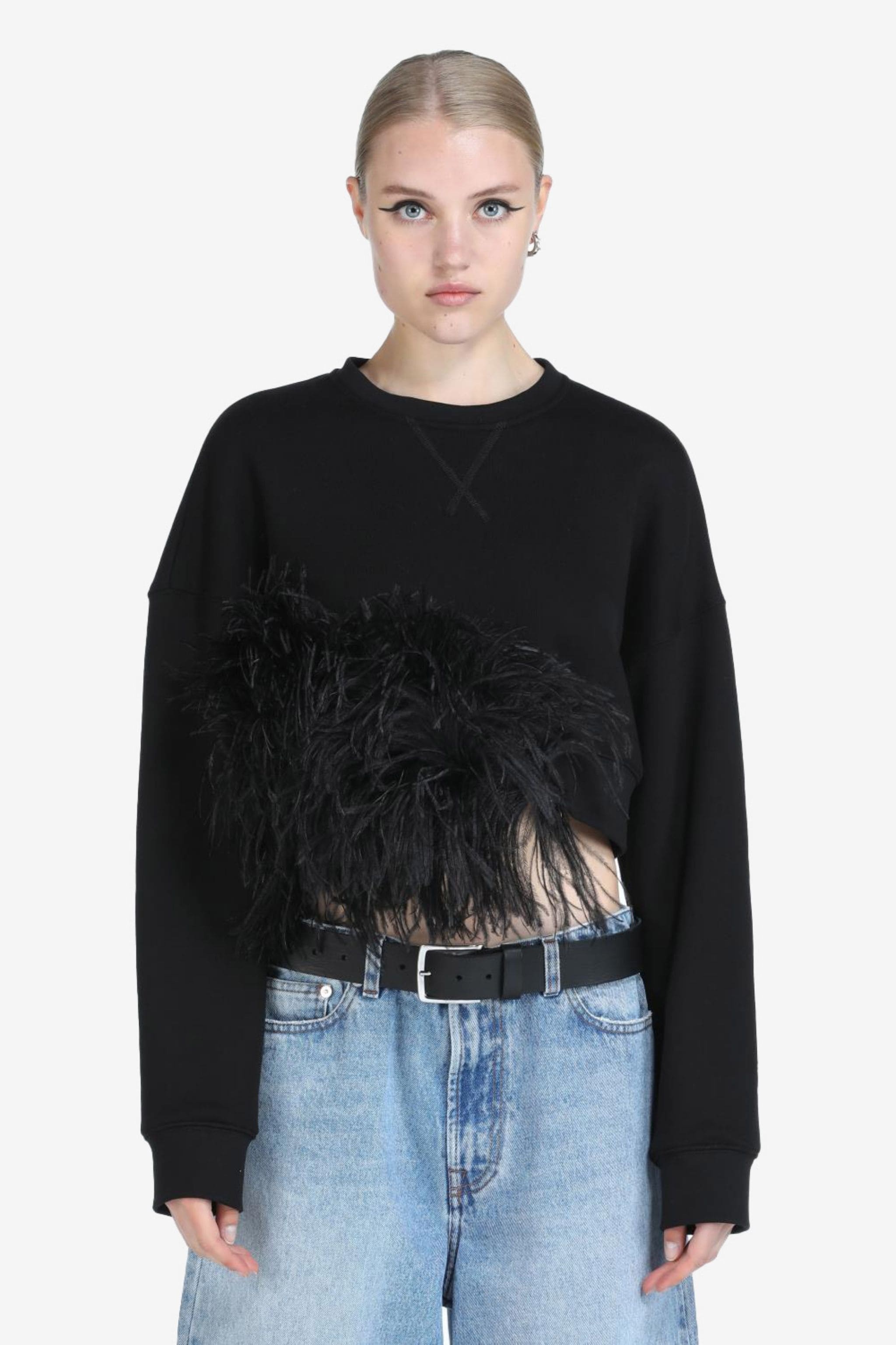 FEATHER-TRIMMED CROPPED SWEATSHIRT - 1