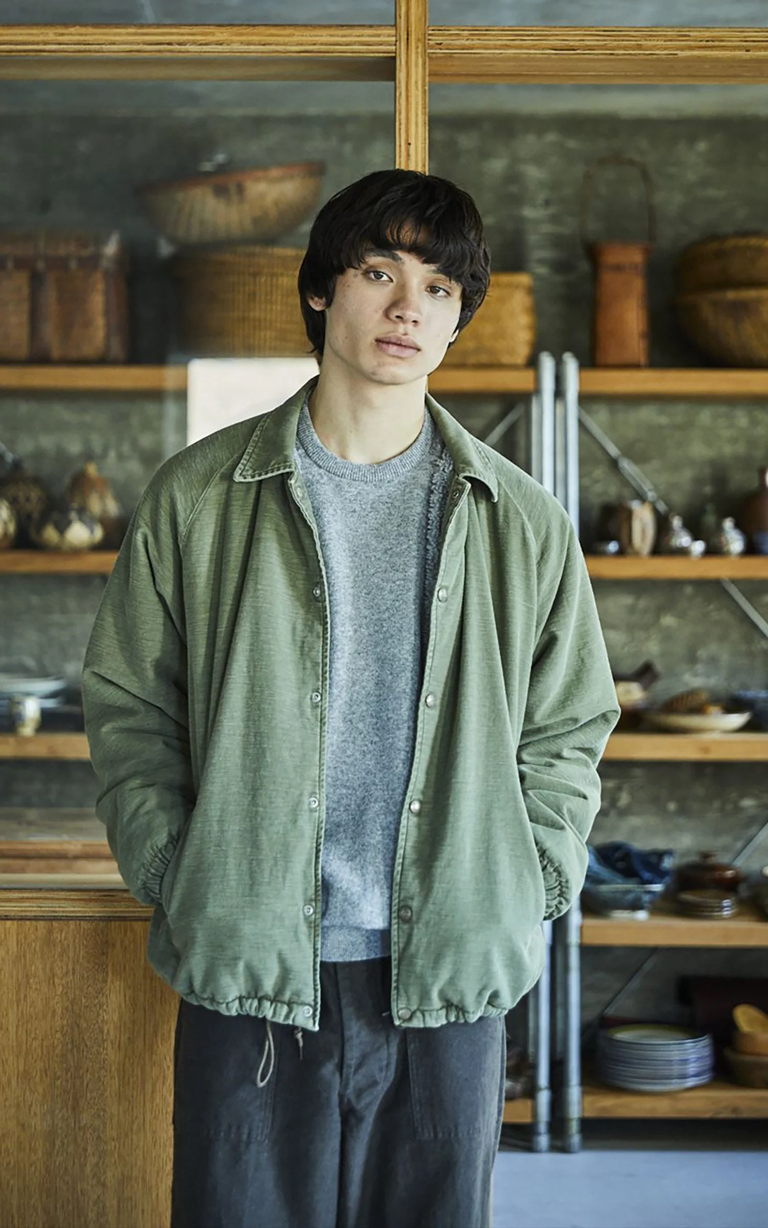 ORSLOW REVERSE SATEEN FLEECE LINED COACH JACKET VINTAGE WASHED DARK OLIVE - 1