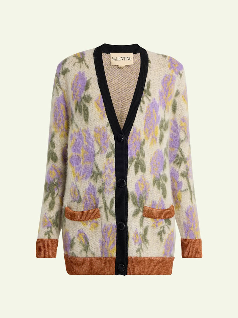 Floral-Print Mohair V-Neck Cardigan 1