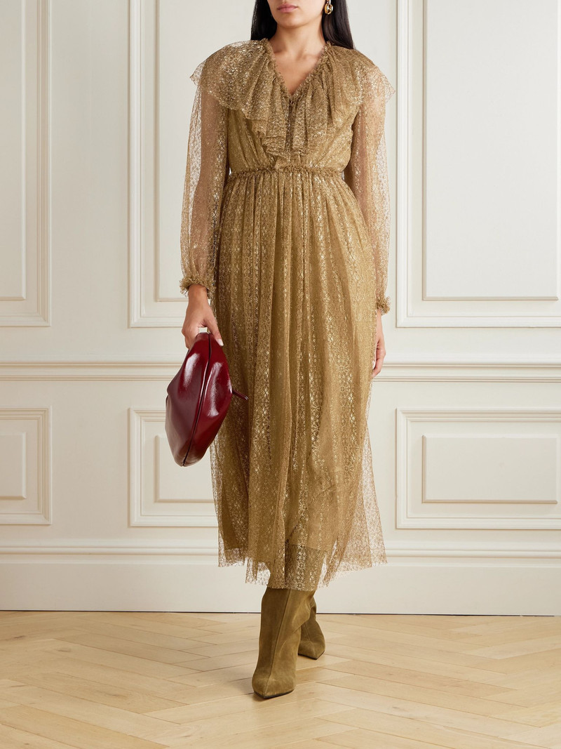 ULLA JOHNSON Helena ruffled metallic lace midi dress Gold outlook
