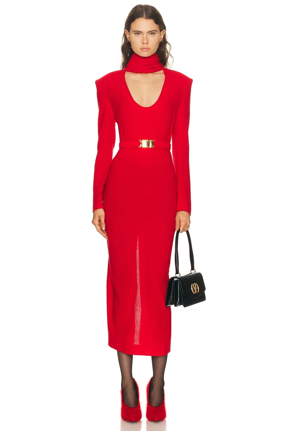 Long Sleeve Plunging Draped Collar Dress - 1
