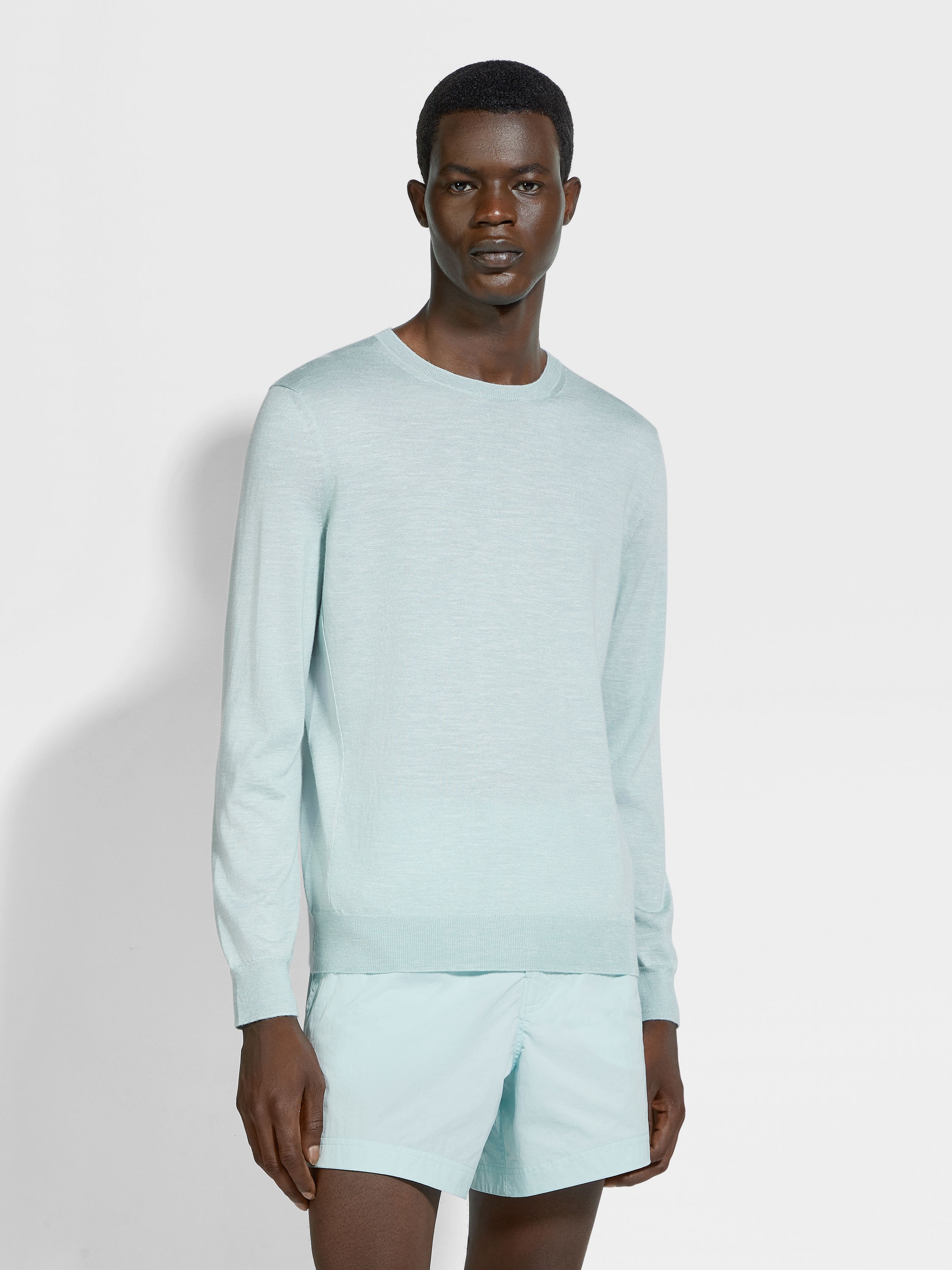 LIGHT BLUE MÉLANGE SILK CASHMERE AND LINEN CREWNECK - 4