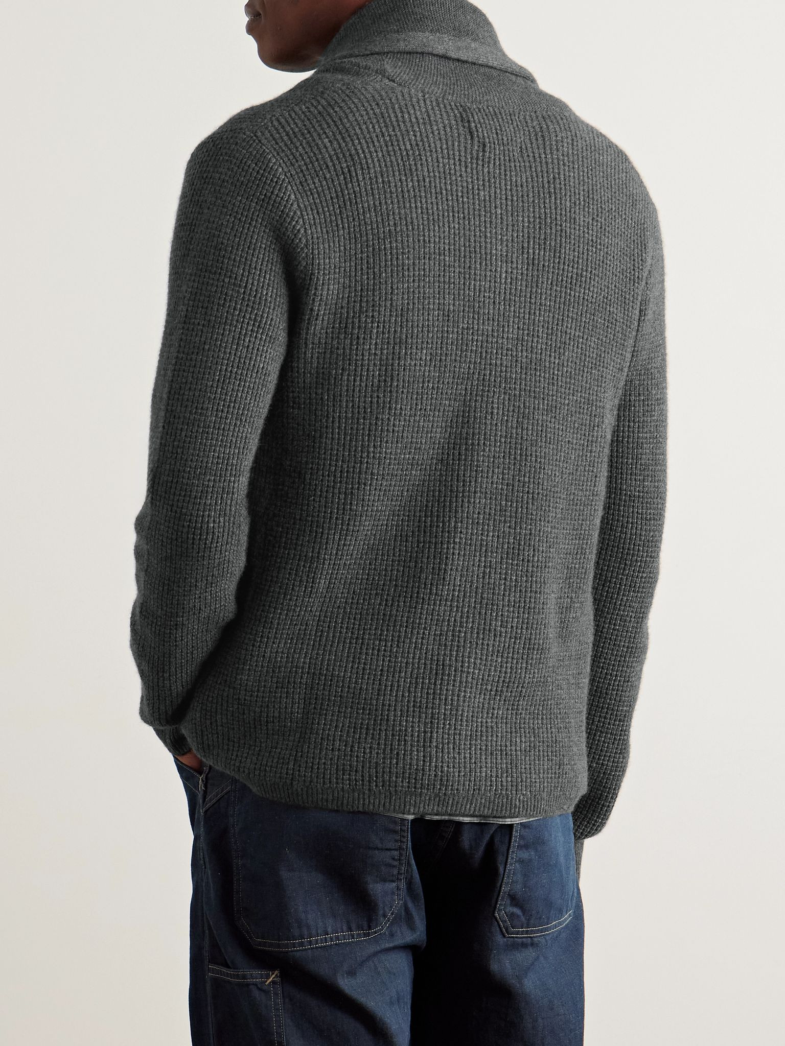 Shawl-Collar Waffle-Knit Cashmere Cardigan Gray - 3