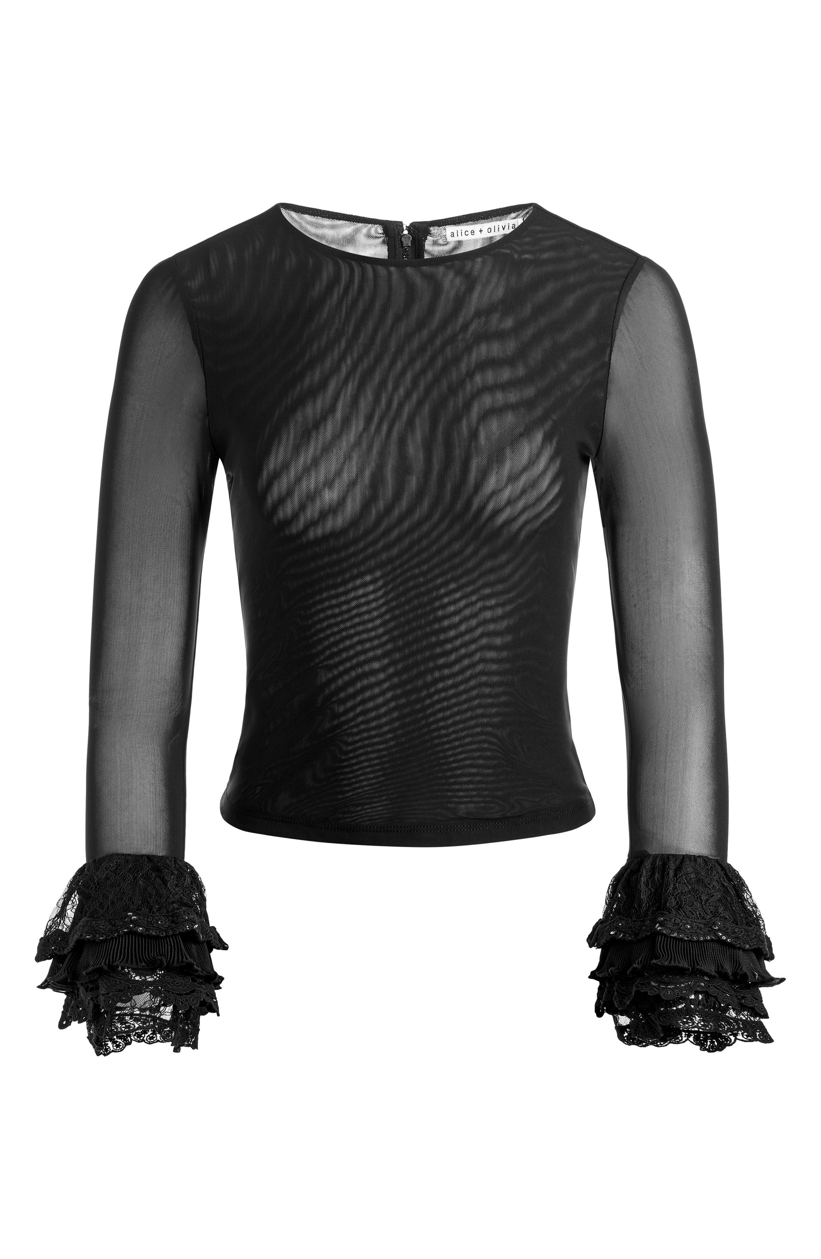 Alice + Olivia Delania Mesh Ruffle Cuff Top in Black at Nordstrom - 4