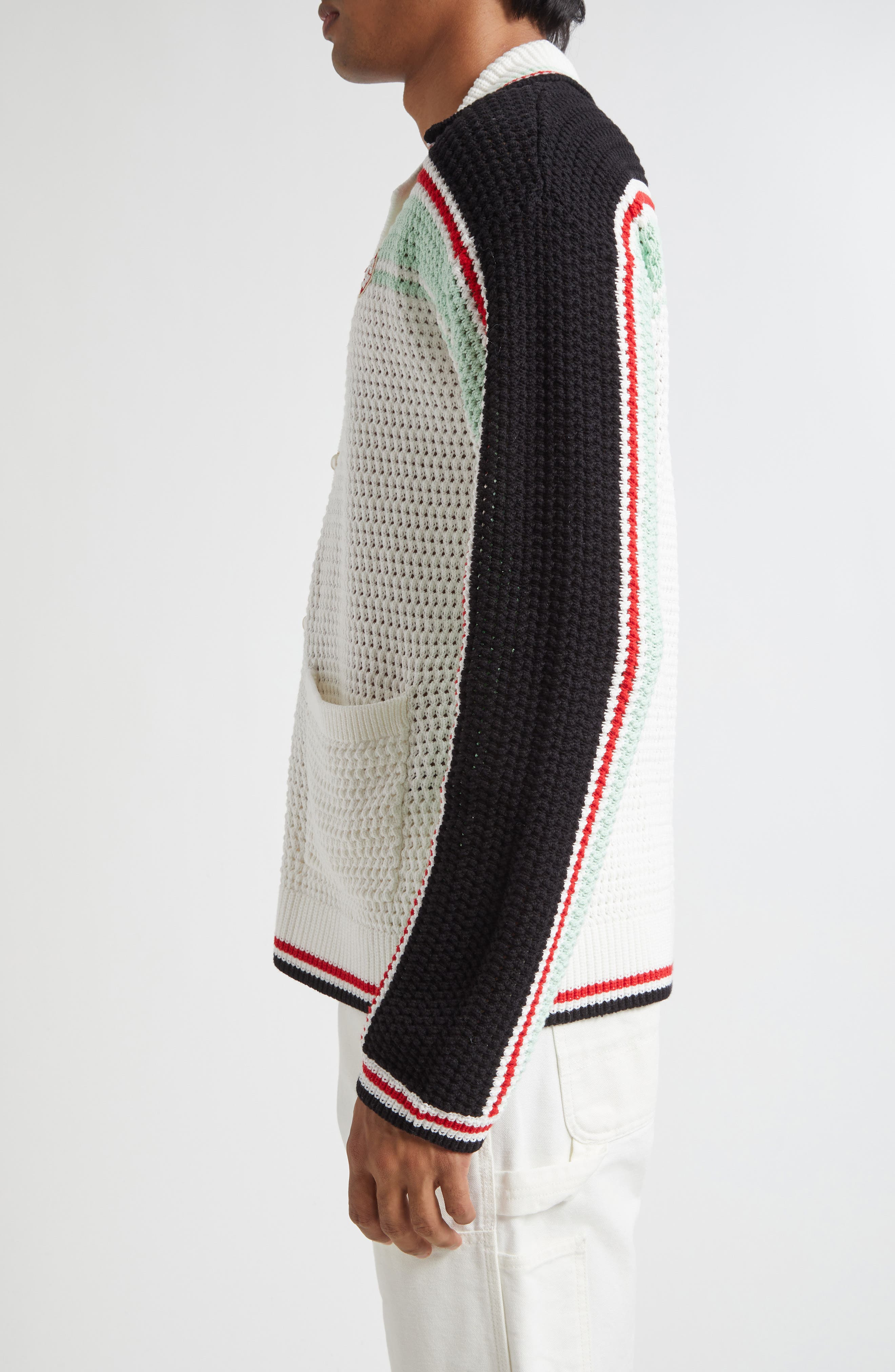 Casablanca Camp Collar Long Sleeve Cotton Crochet Cardigan in White/Black Multi at Nordstrom - 3
