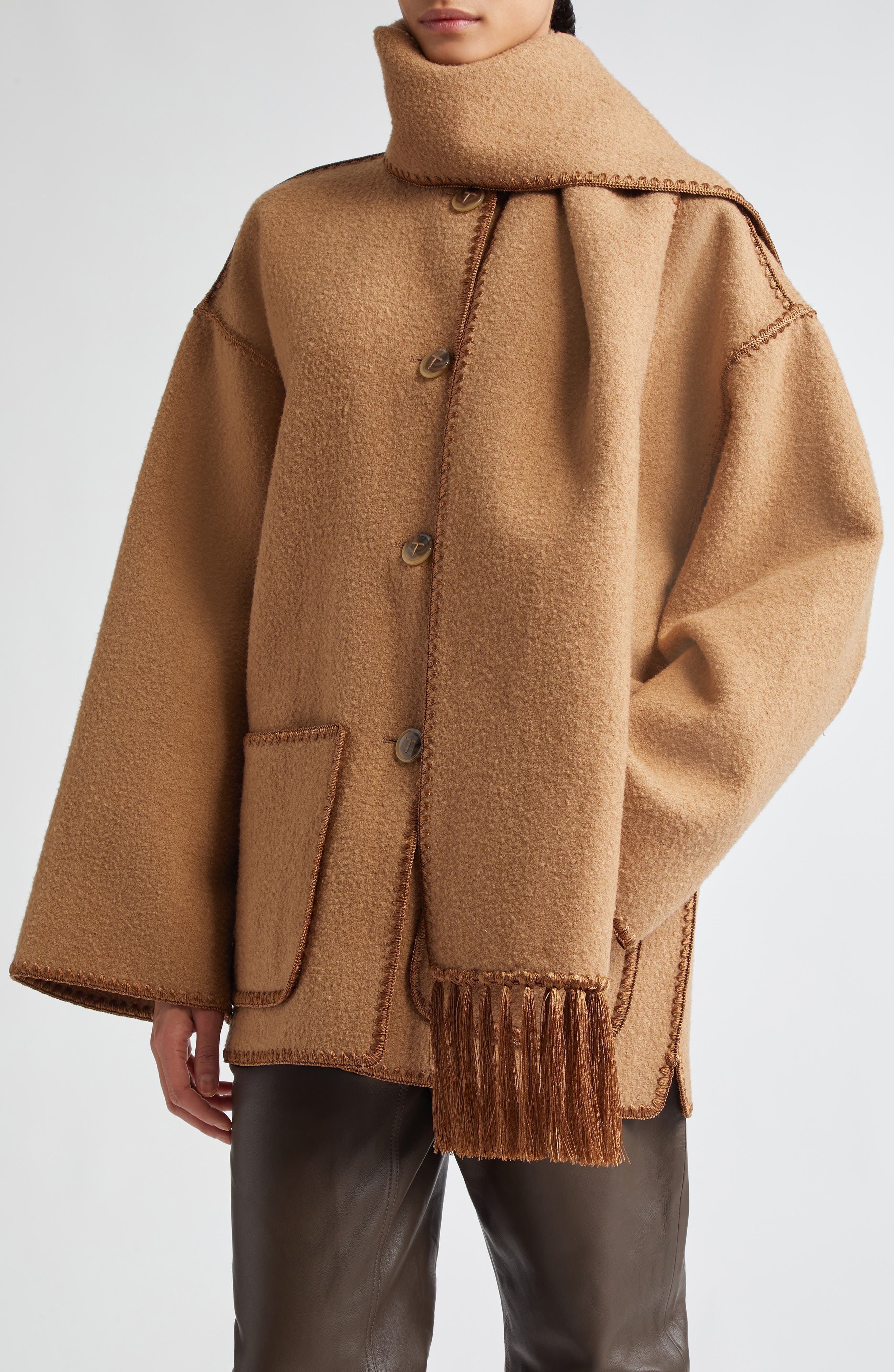 TOTEME Chain Stitch Wool Blend Scarf Jacket in Camel at Nordstrom - 5