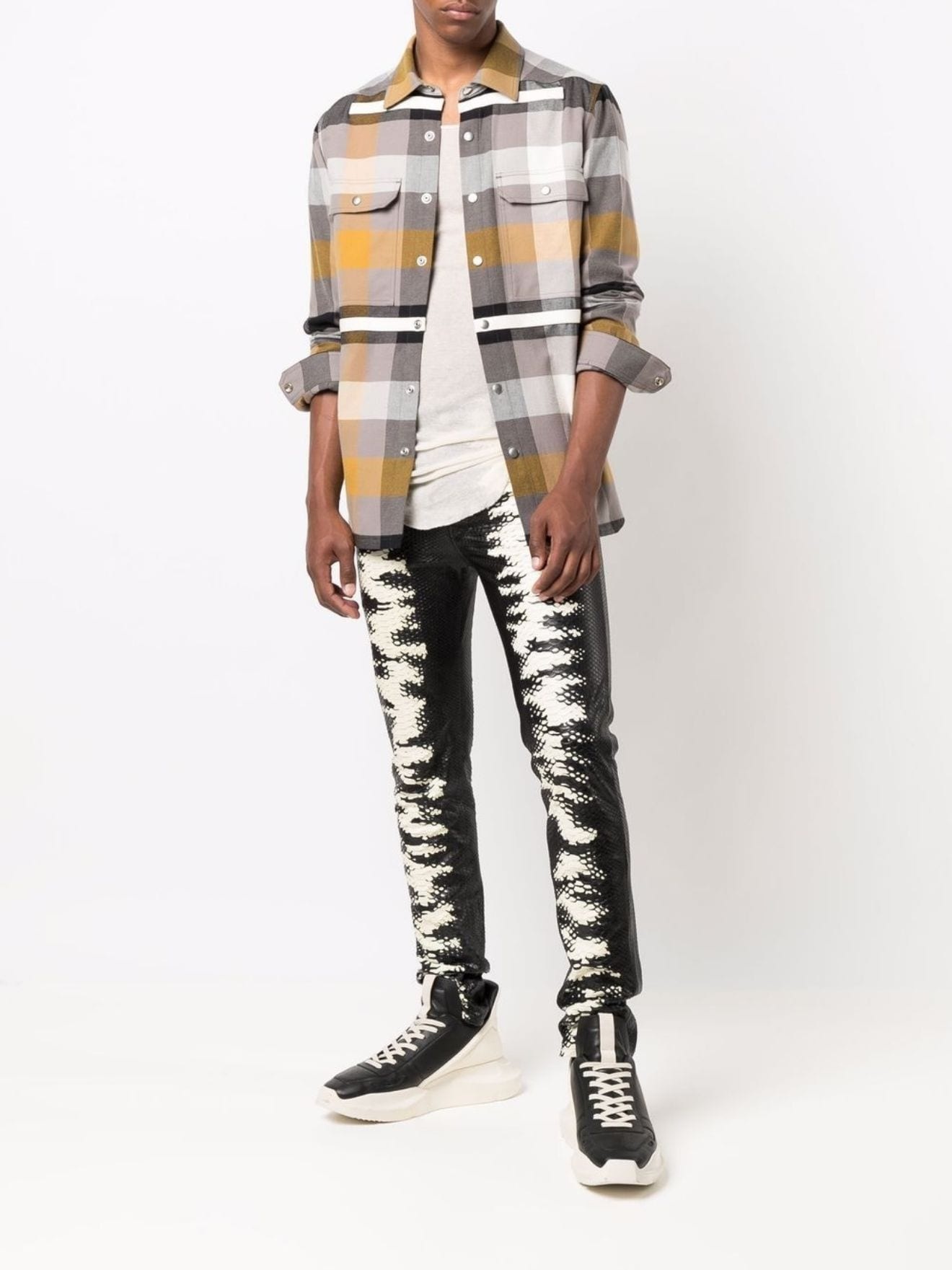 Rick Owens plaid-print long-sleeve outer shirt - RU01B1729CP-DUST 