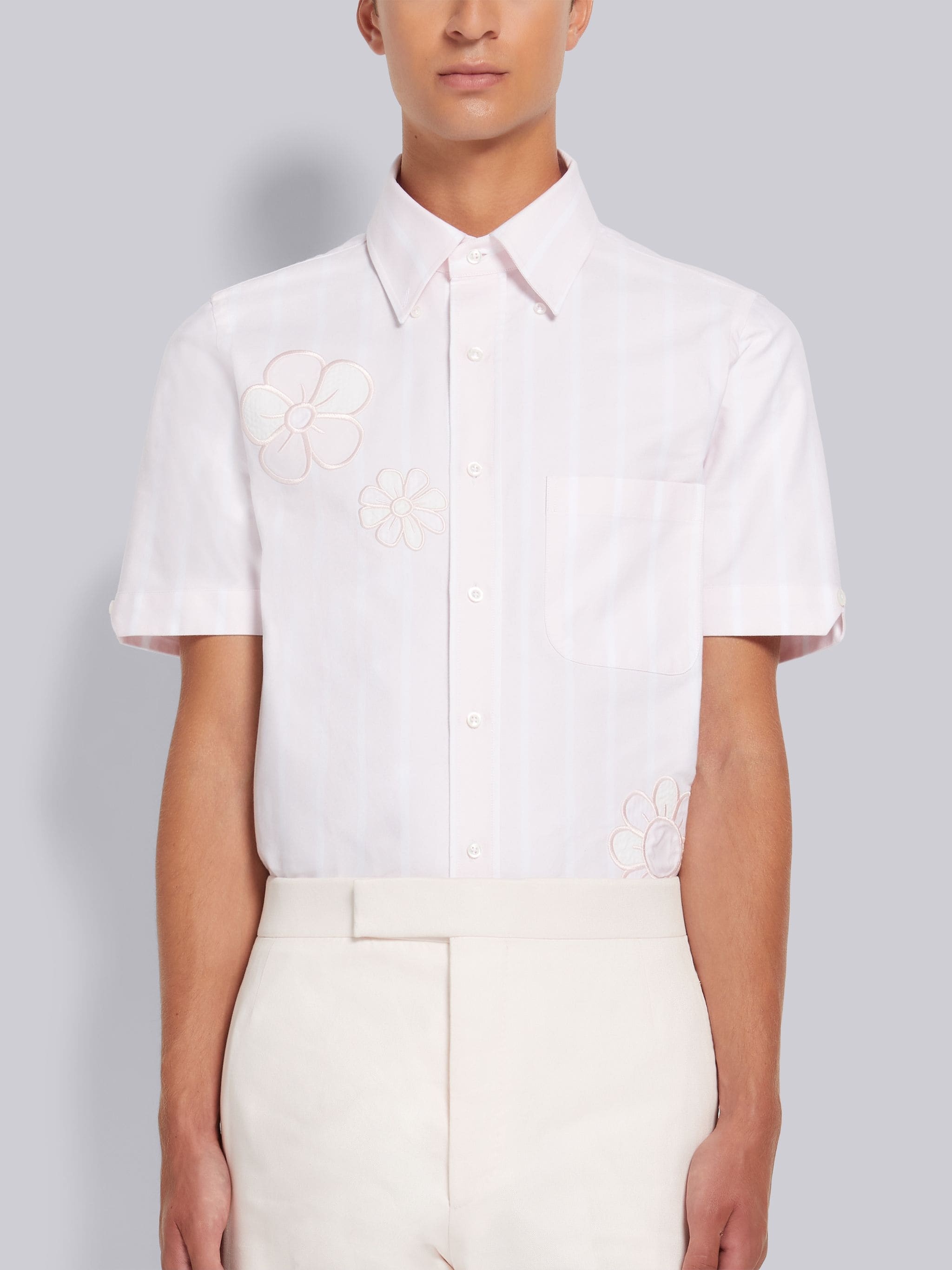 Light Pink Satin Stitch Floral Applique Straight Fit Short Sleeve Shirt - 1