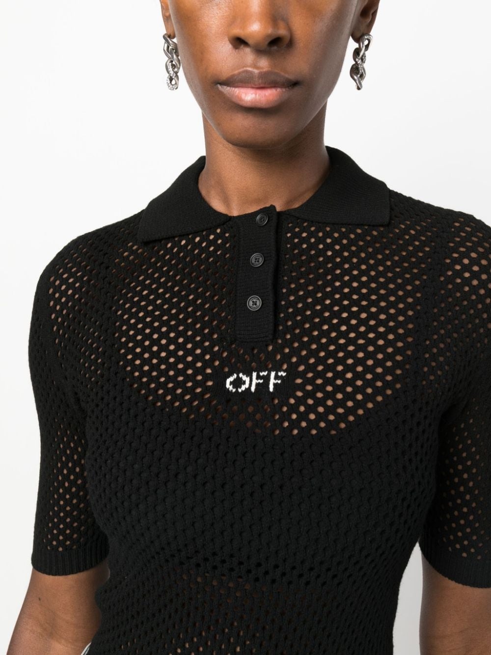 OFF-logo open-knit polo shirt - 5