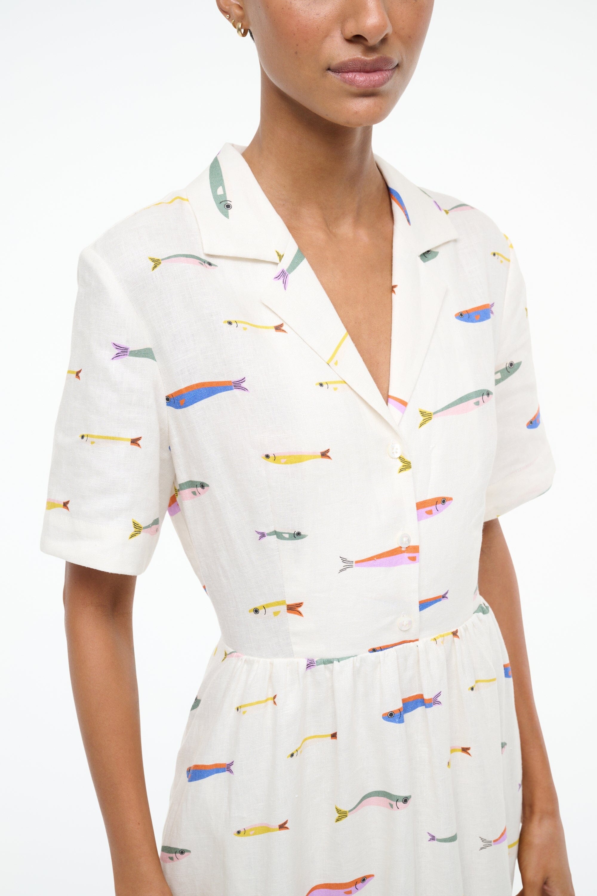 STAUD MERYL LINEN DRESS POP SARDINES IVORY - 4