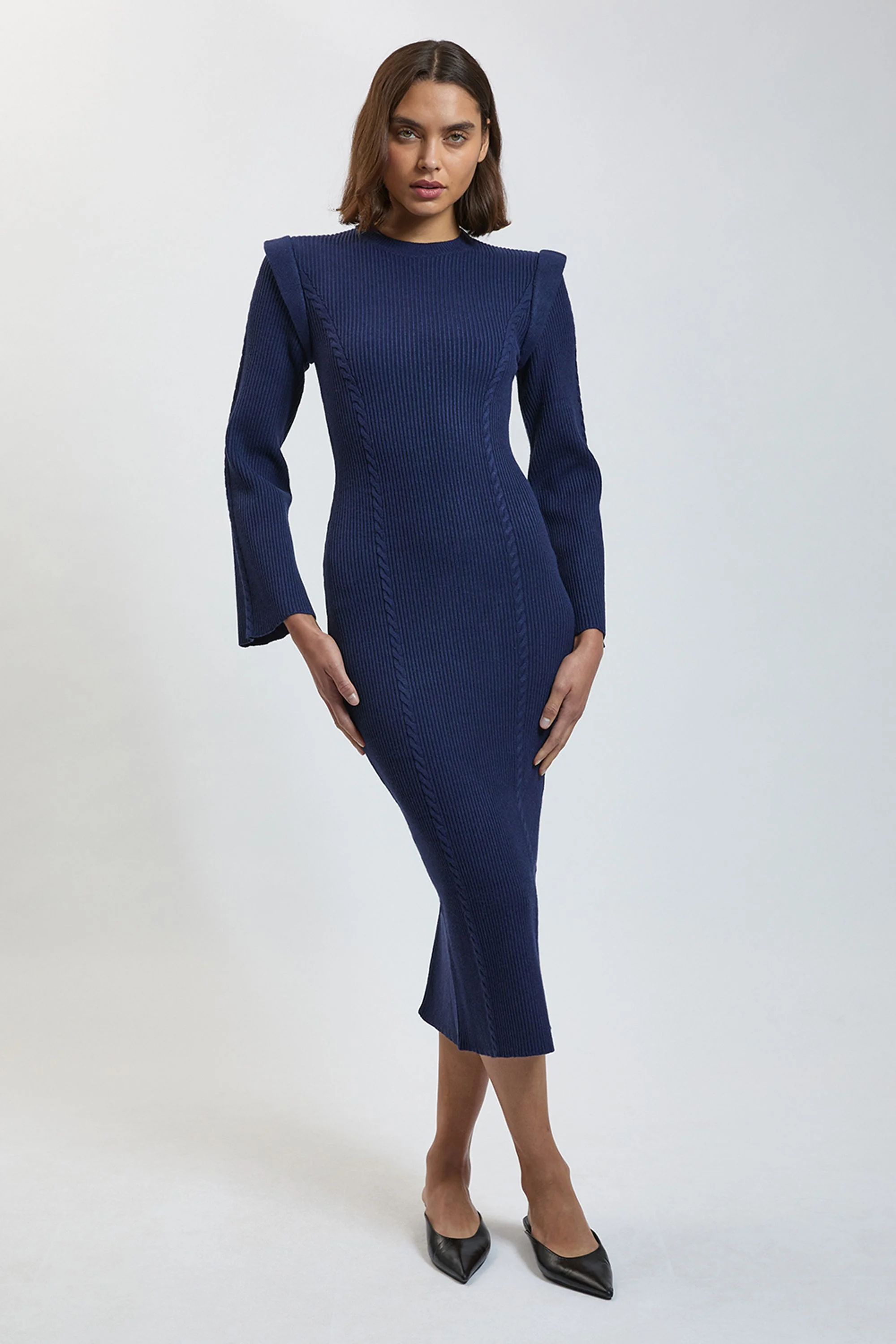 Chain Stitch Wide Shoulder Knitted Midi Dress - 1