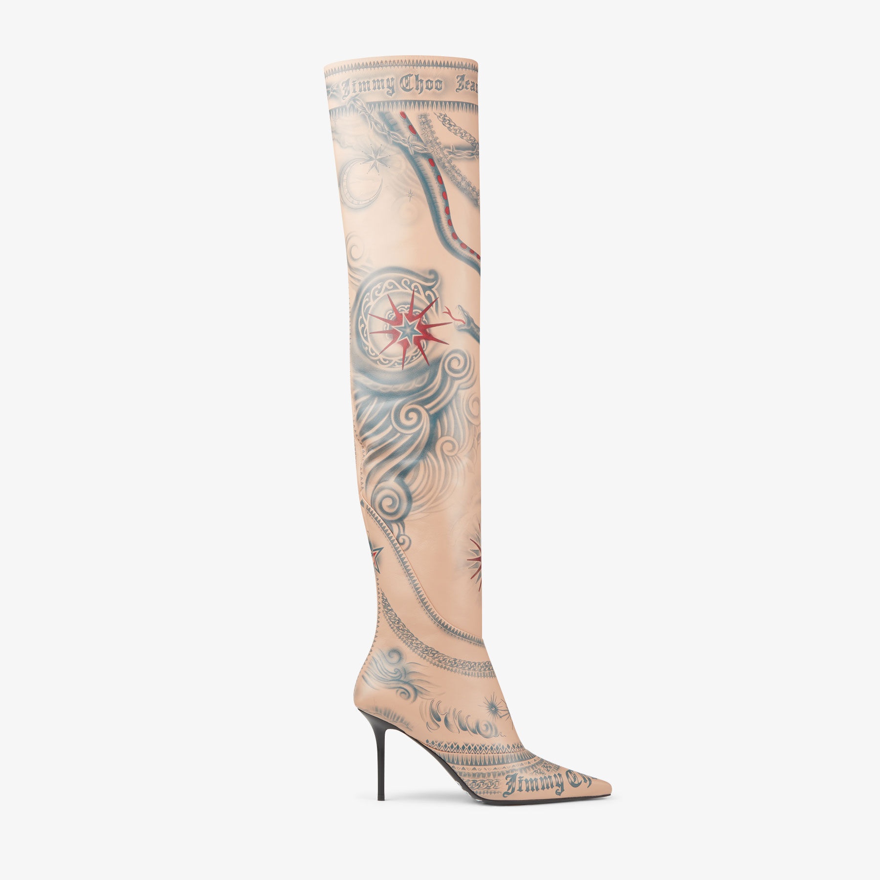 Jimmy Choo / Jean Paul Gaultier Over The Knee Boot 90
Beige Tattoo Printed Leather Over-The-Knee Boo - 1