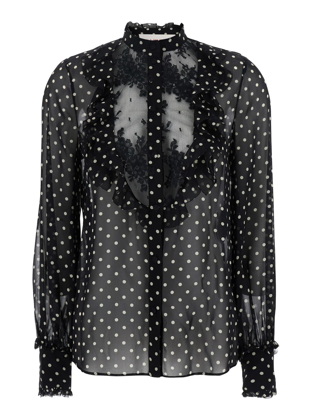 Valentino Women Black Crewneck Shirt With Floral Embroidery And All-Over Polka Dots Motif In Silk Wo - 1