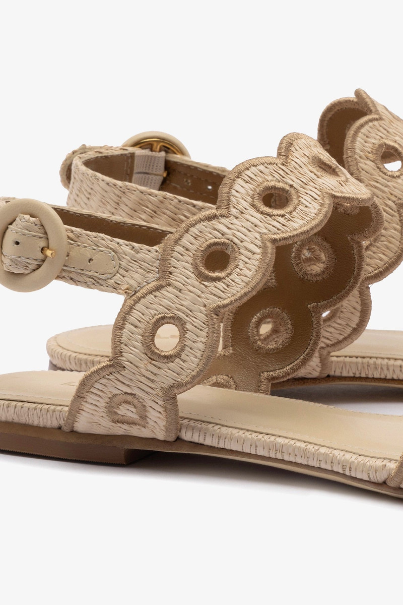 Larroudé Florence Broderie Flat Sandal In Natural Raffia and Hazelnut Trimming outlook