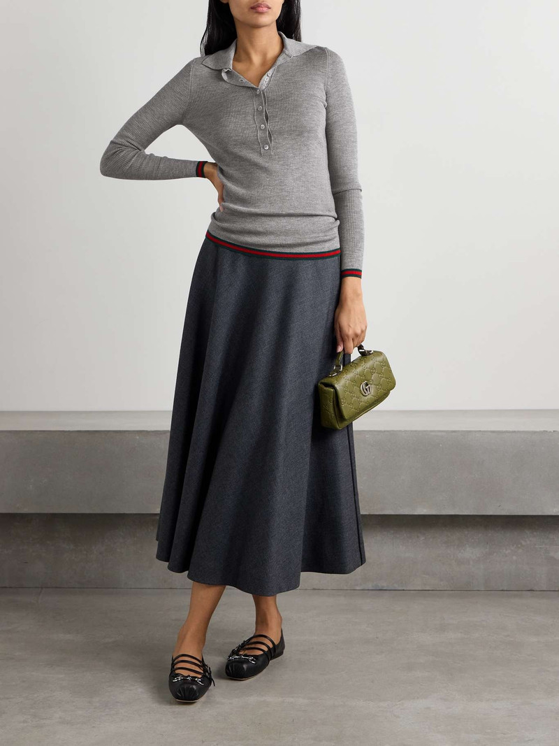 GUCCI Striped ribbed cashmere and silk-blend polo shirt Light gray outlook