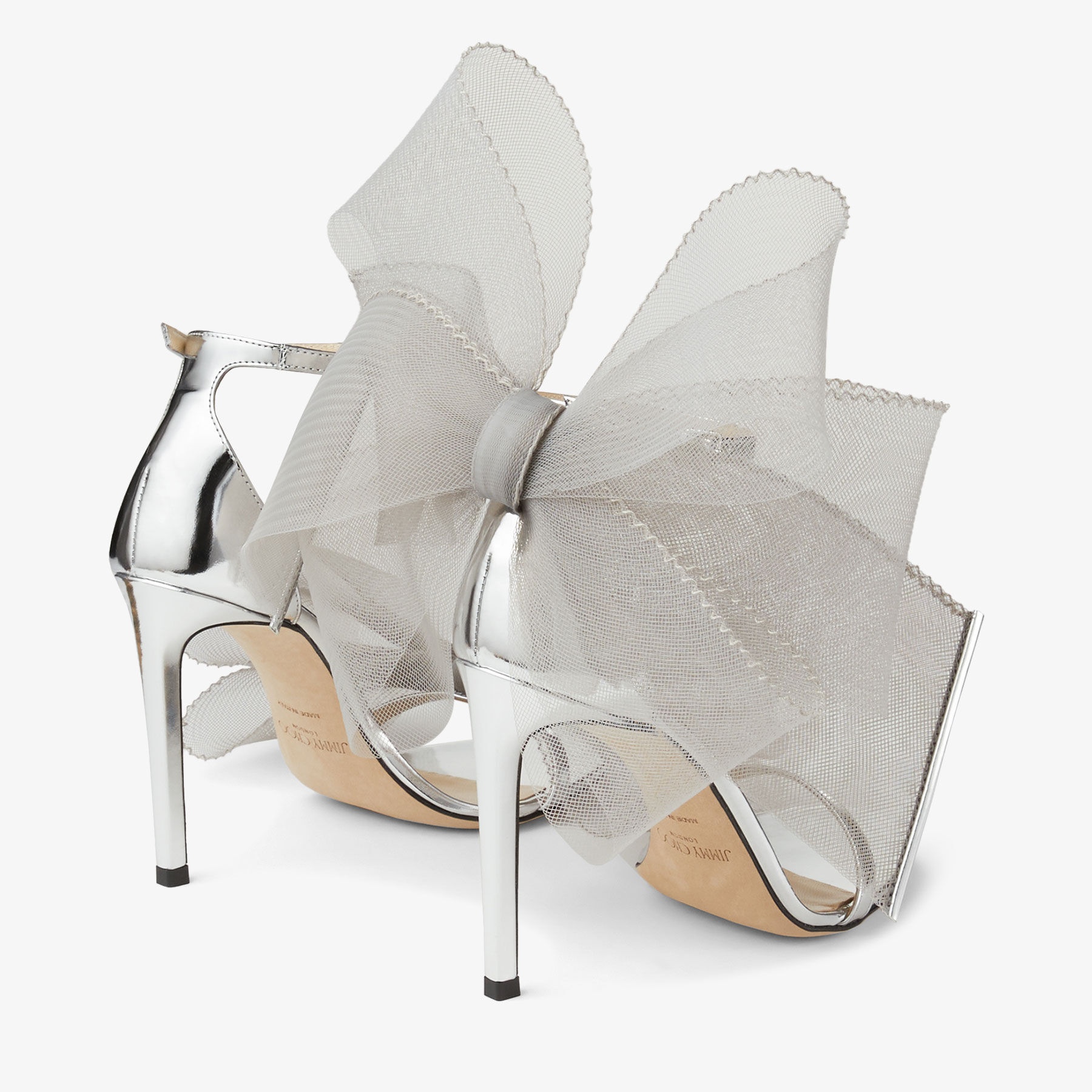 Aveline 100
Silver Sandals with Asymmetric Grosgrain Mesh Fascinator Bows - 5