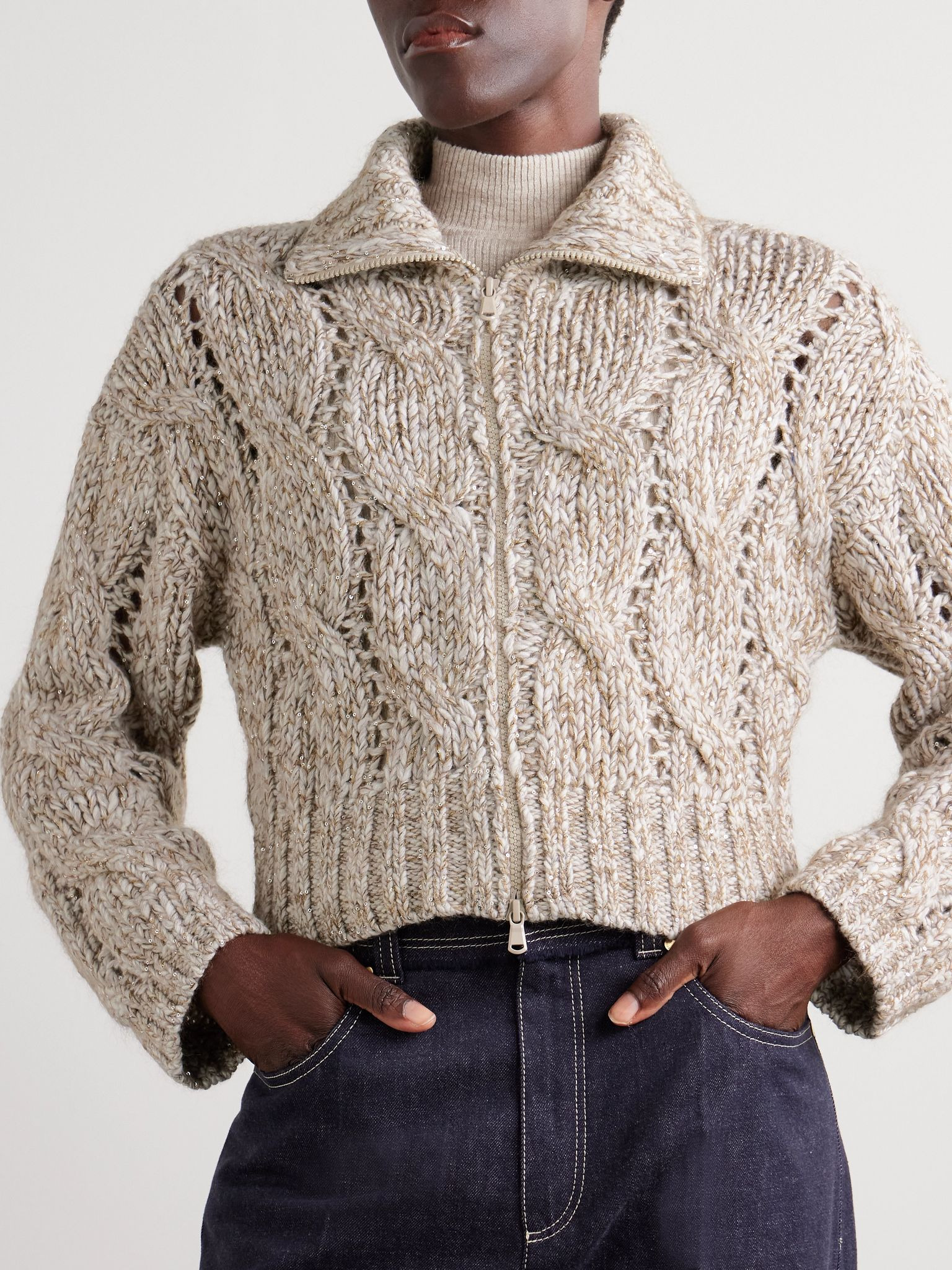 Sequin-embellished cable-knit wool cardigan Beige - 4