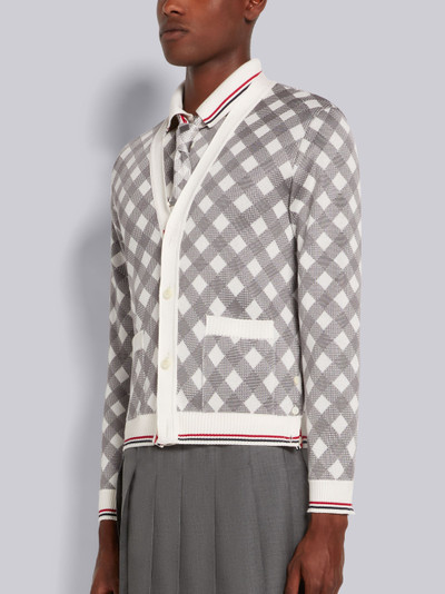 Thom Browne Light Grey Gingham Cotton Silk Stripe Tipping V-Neck Cardigan outlook