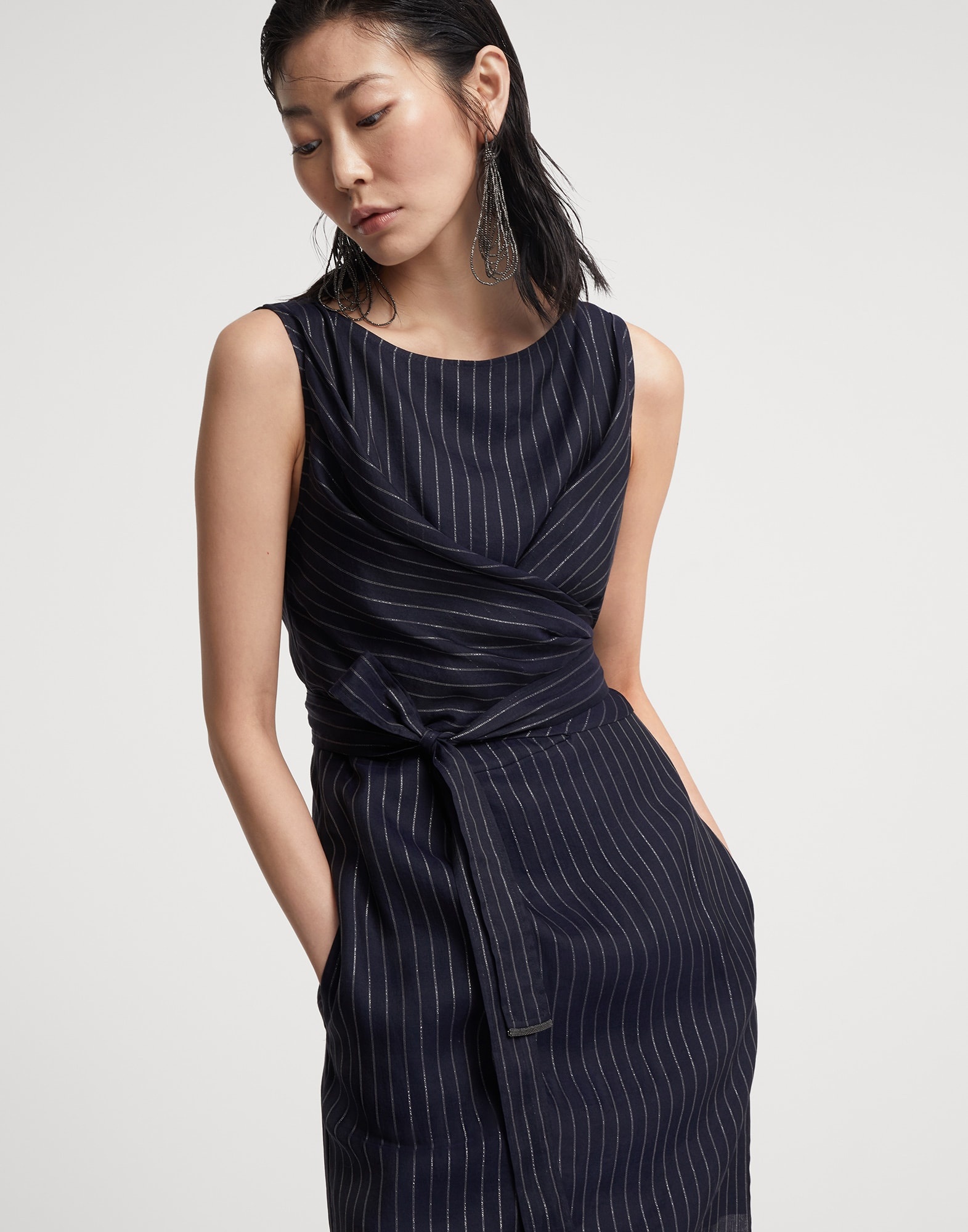 Cotton sparkling stripe gauze wrap dress with monili - 4