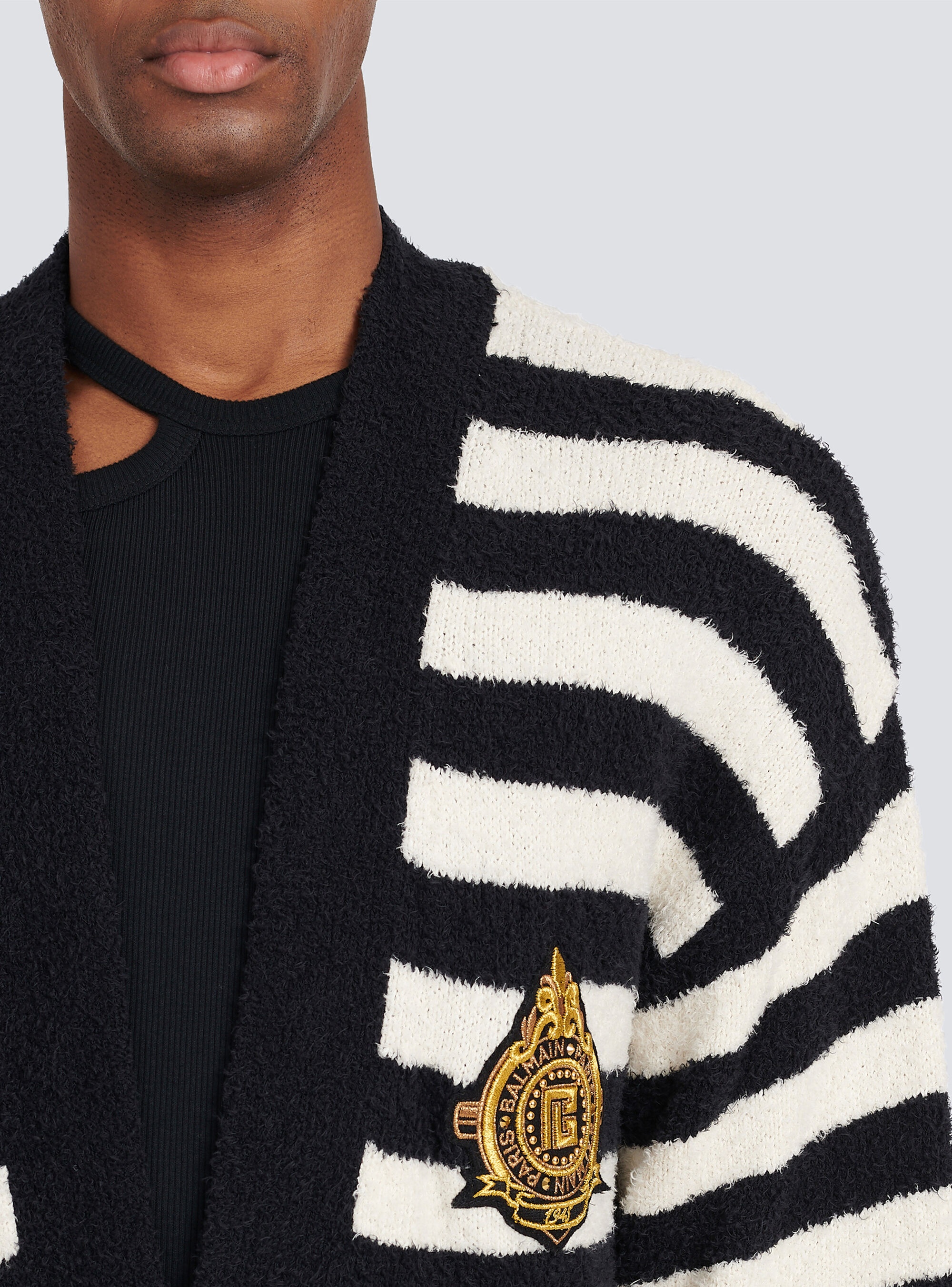 Cotton cardigan with strippes and Balmain badge - 8