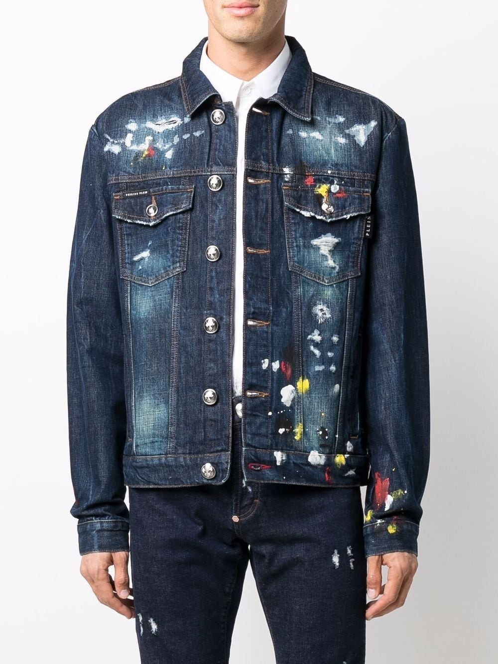 skeleton-motif distressed denim jacket - 3