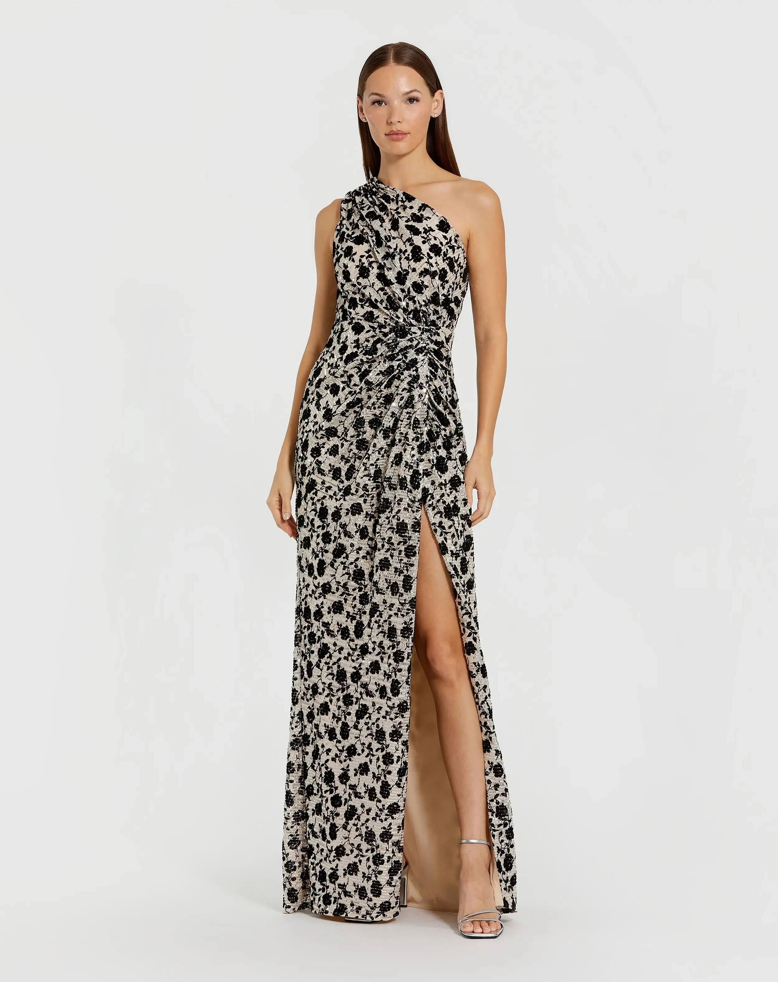 Beige One Shoulder Sequin Gown with Floral Velvet Detail - 1