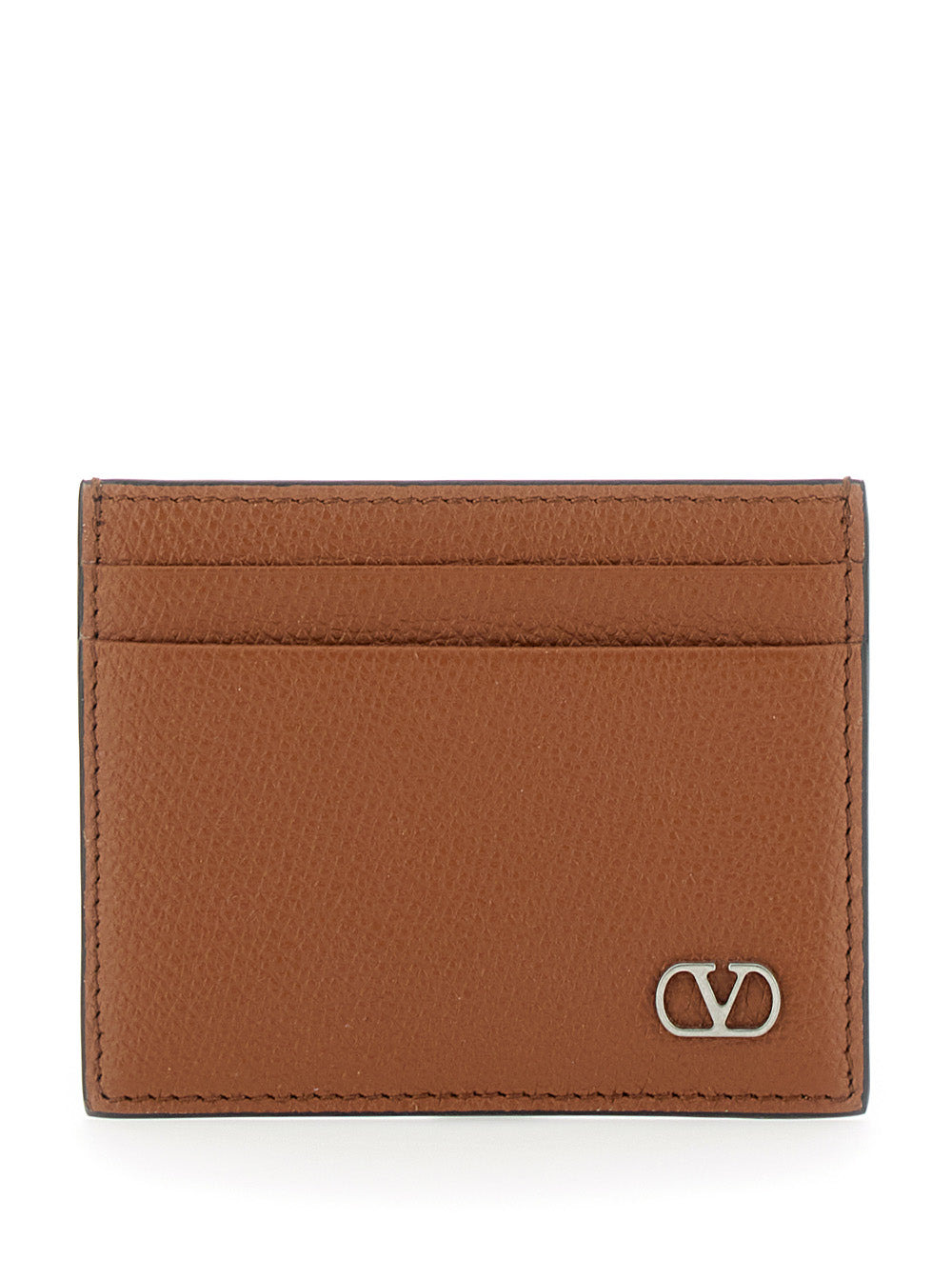 Valentino Garavani Men Brown Card Holder With Metallic Vlogo On The Front In Black Hammered Leather  - 1