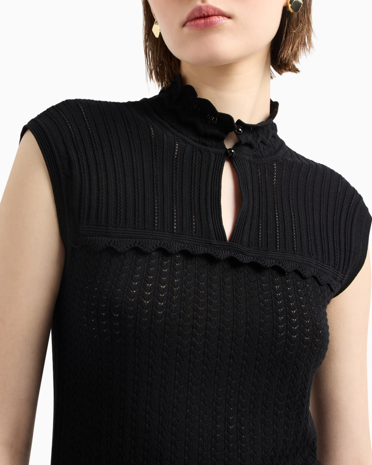PERFORATED LACE-STITCH MOCK-NECK TOP - 5