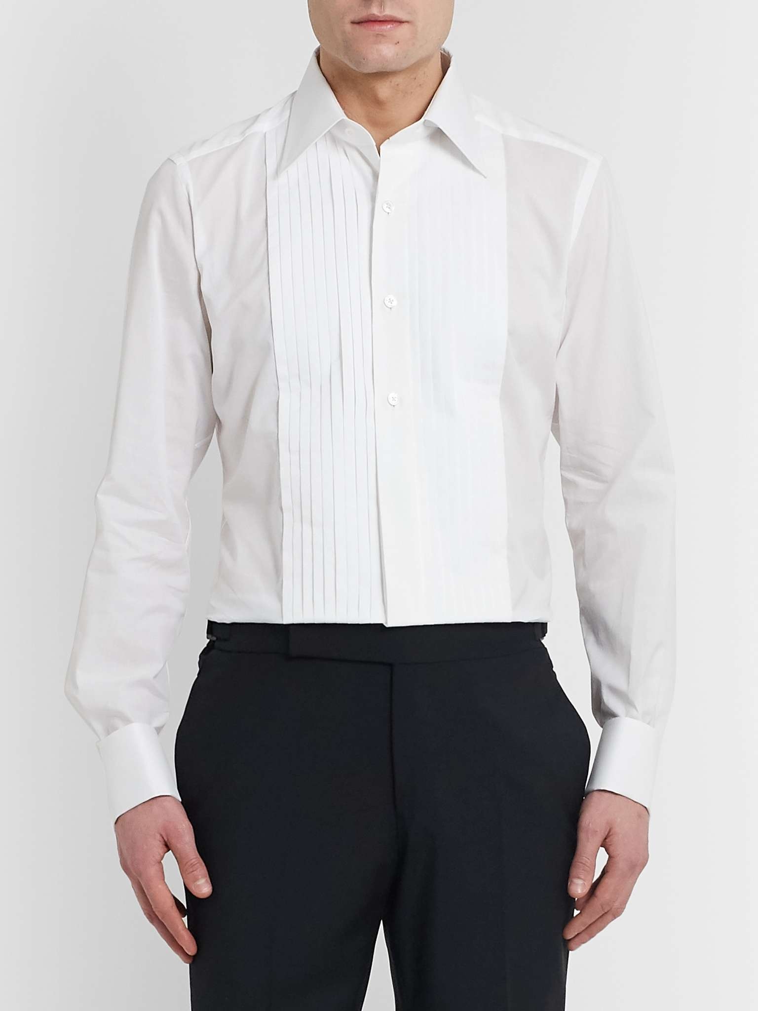 White Slim-Fit Pleated Bib-Front Cotton Shirt - 5