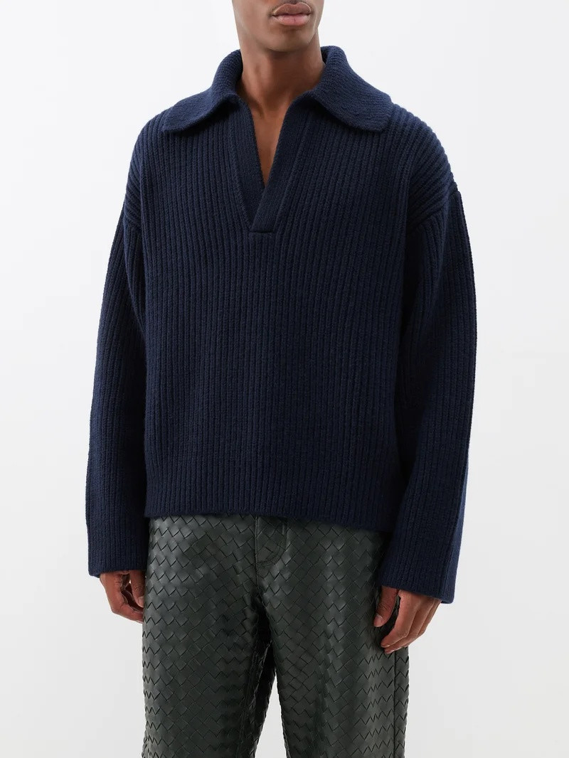 Open-collar ribbed-knit wool-blend sweater 1