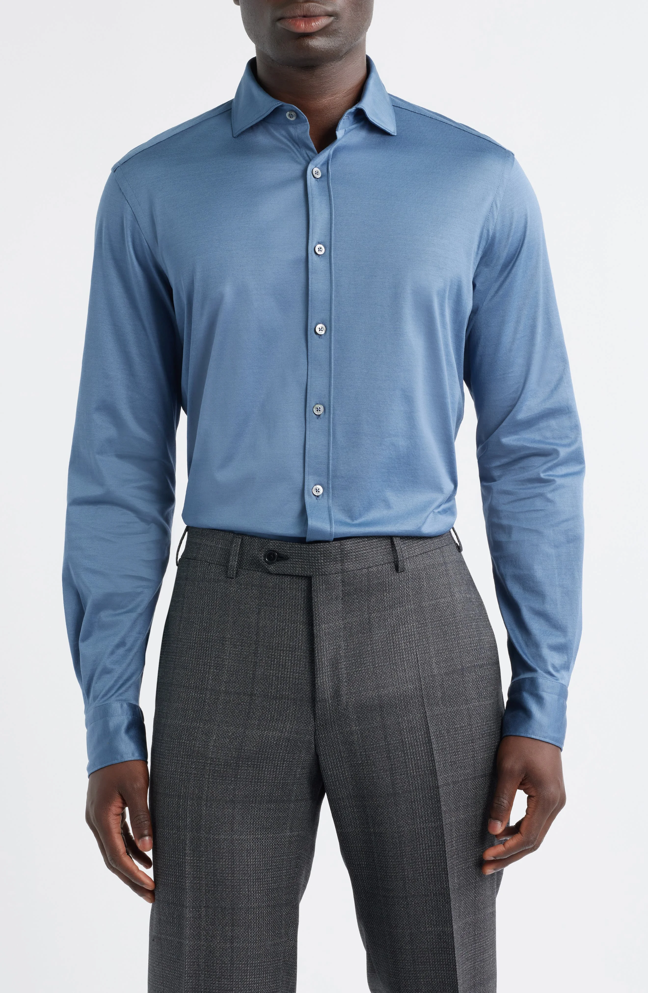 Canali Regular Fit Cotton Jersey Button-Up Shirt in Blue at Nordstrom - 1