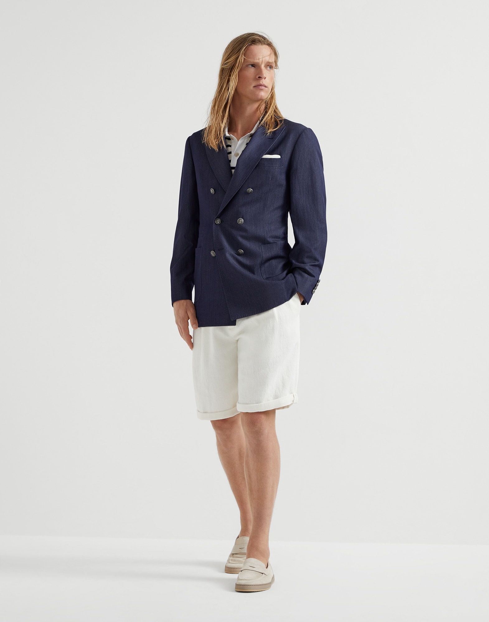 Cotton and linen chevron Bermuda shorts with drawstring and double pleats - 4