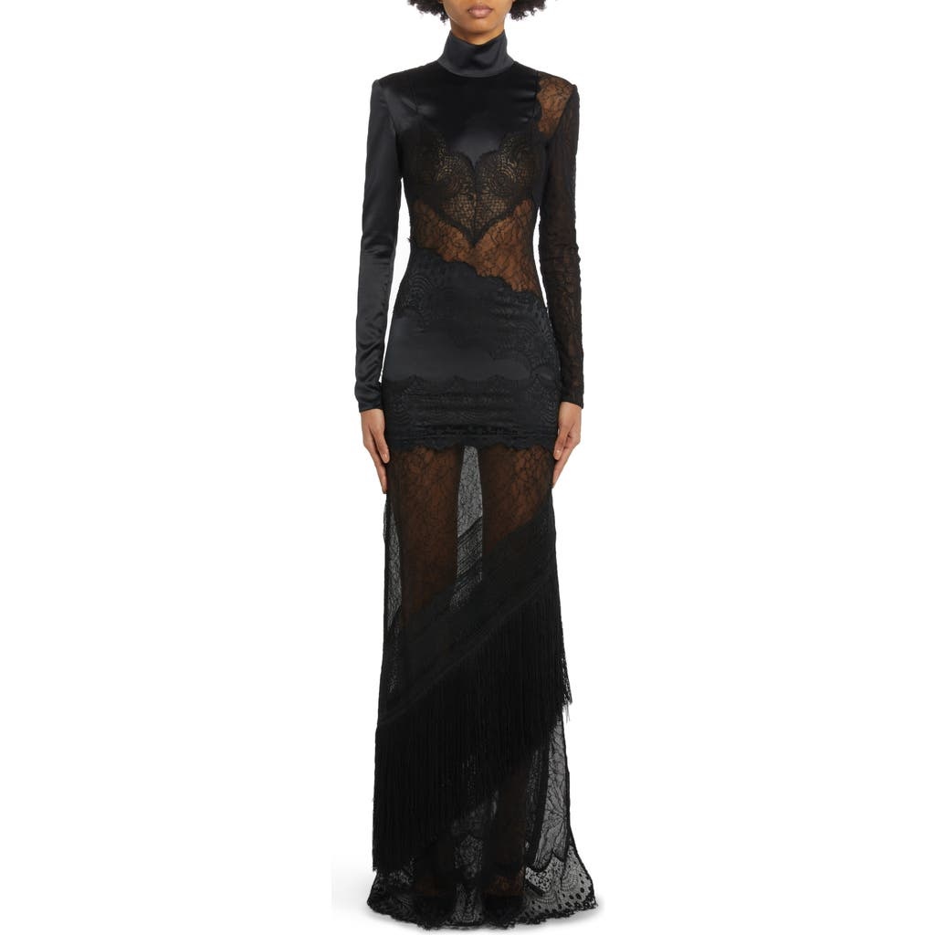 TOM FORD Long Sleeve Floral Lace & Stretch Satin Gown in Black at Nordstrom - 1