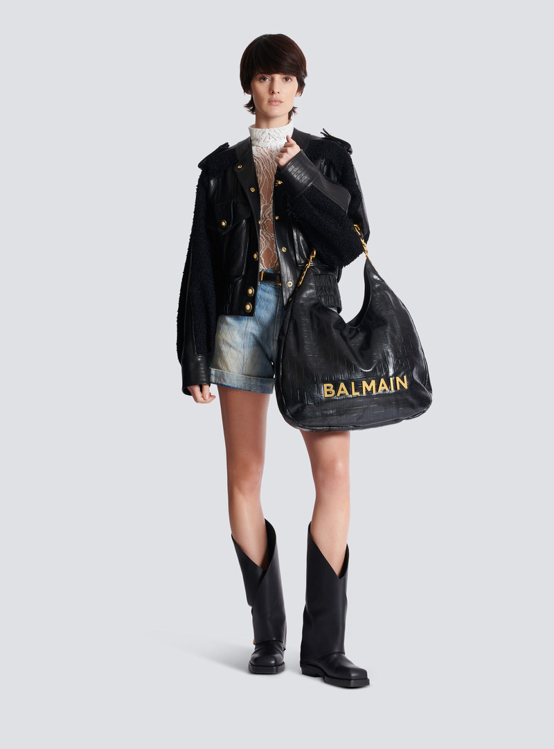 Balmain 1945 Soft Hobo crinkled leather tote bag with monogram outlook