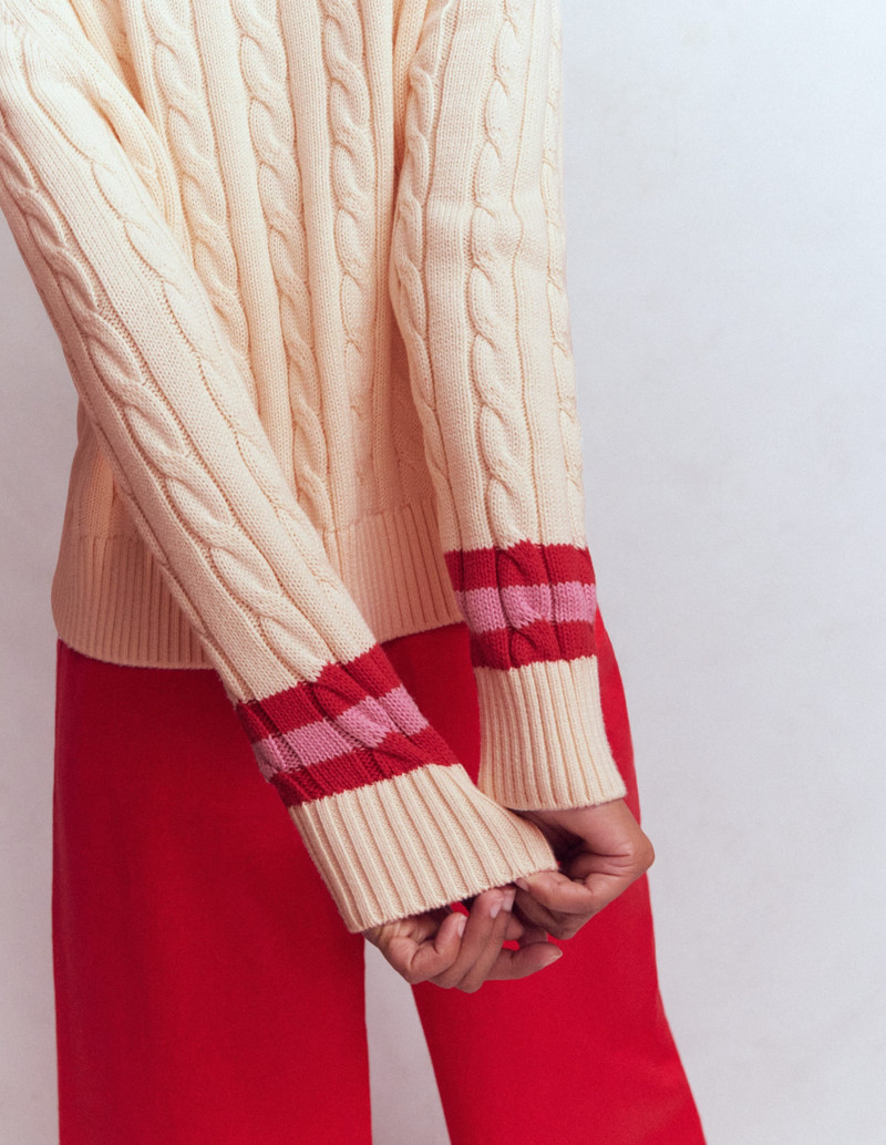 Maeve Textured Cotton Jumper-Ivory Cable, Red 8