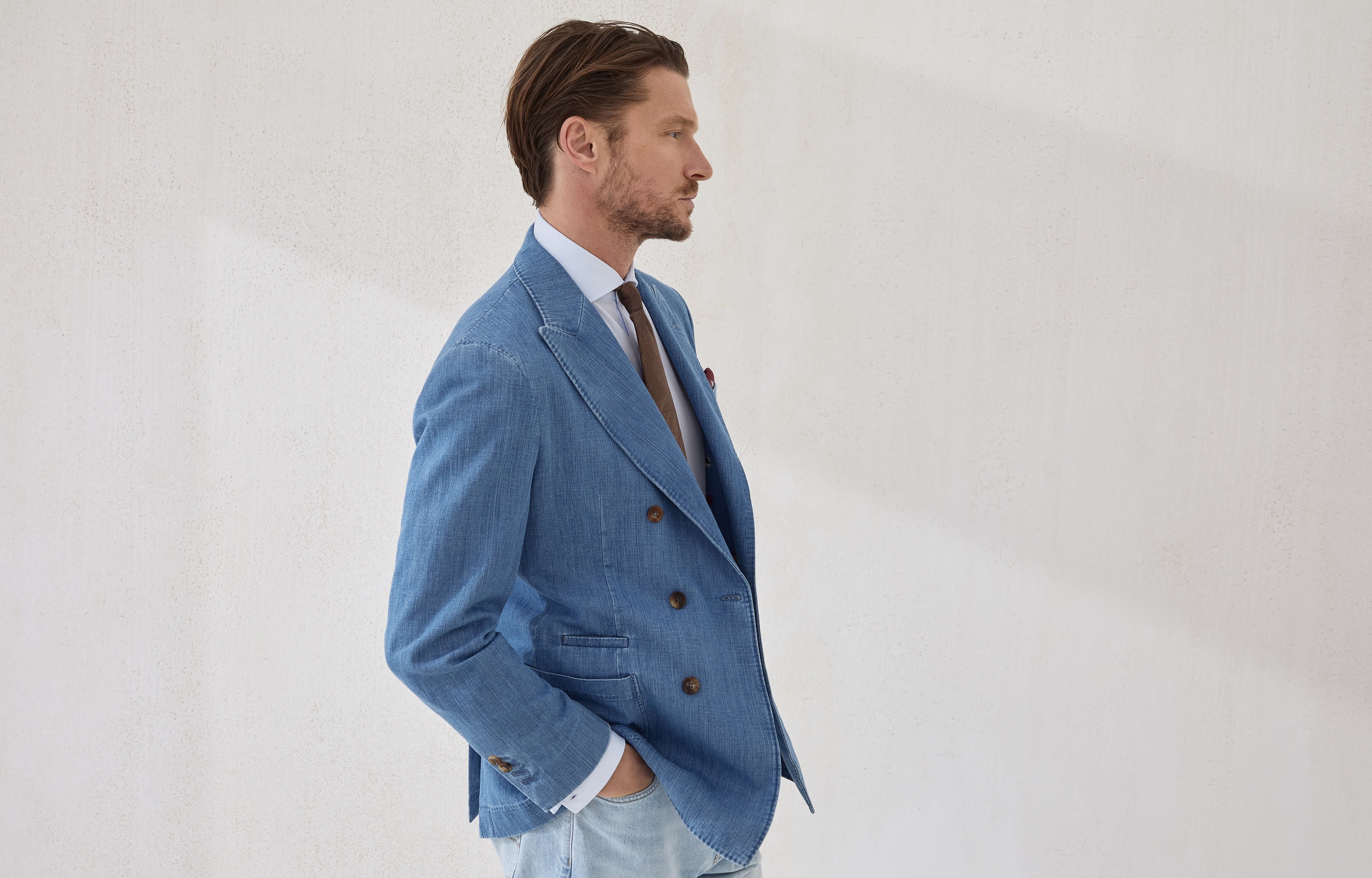 Lightweight old denim deconstructed one-and-a-half breasted blazer with patch pockets - 6