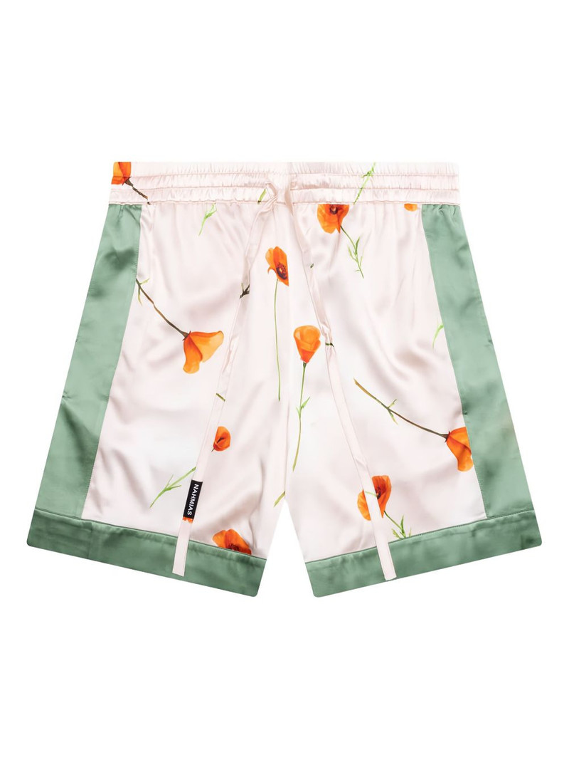 NAHMIAS poppy-print side-stripe silk shorts outlook