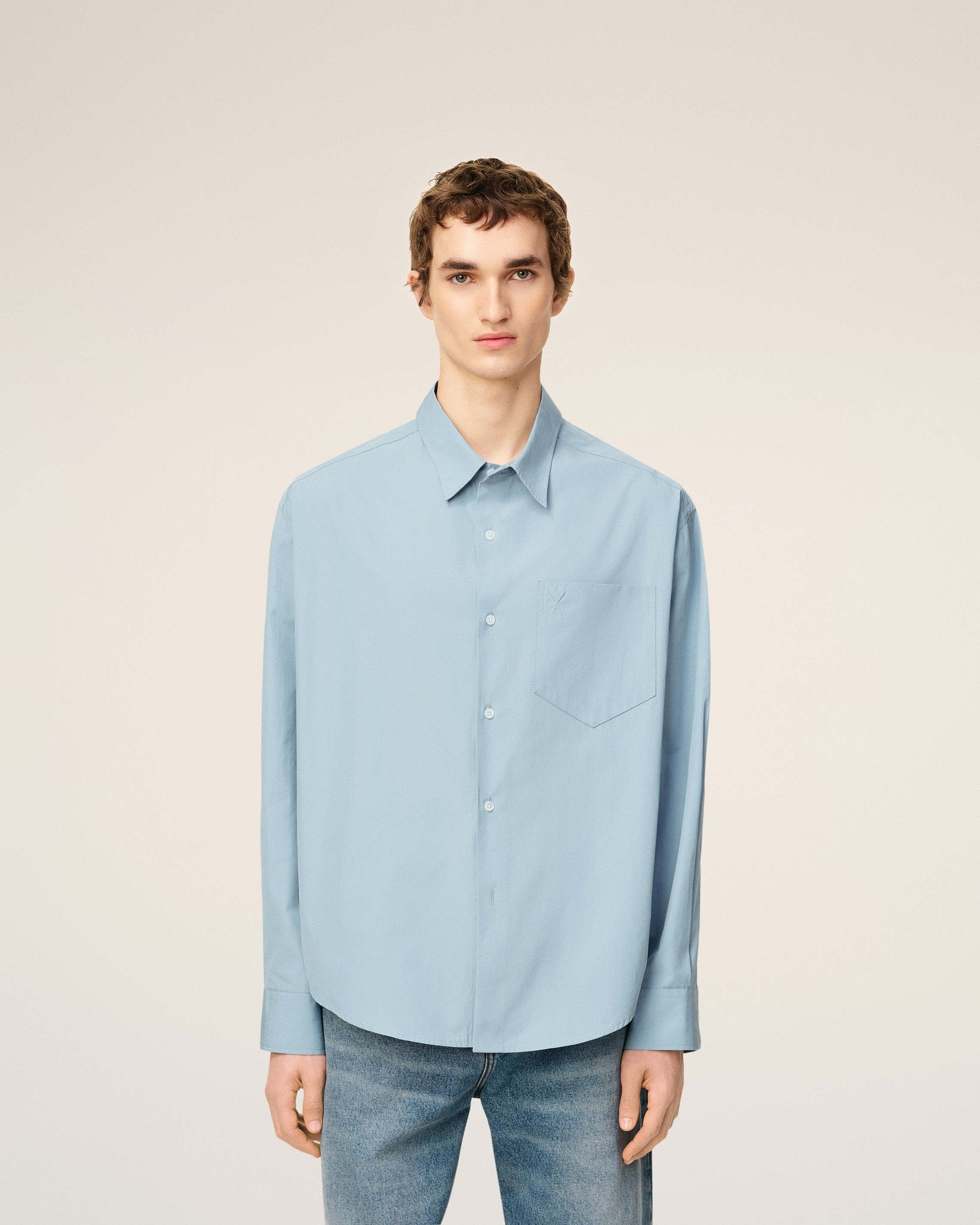 BLUE COTTON EMBOSSED AMI DE COEUR BOXY SHIRT - 3