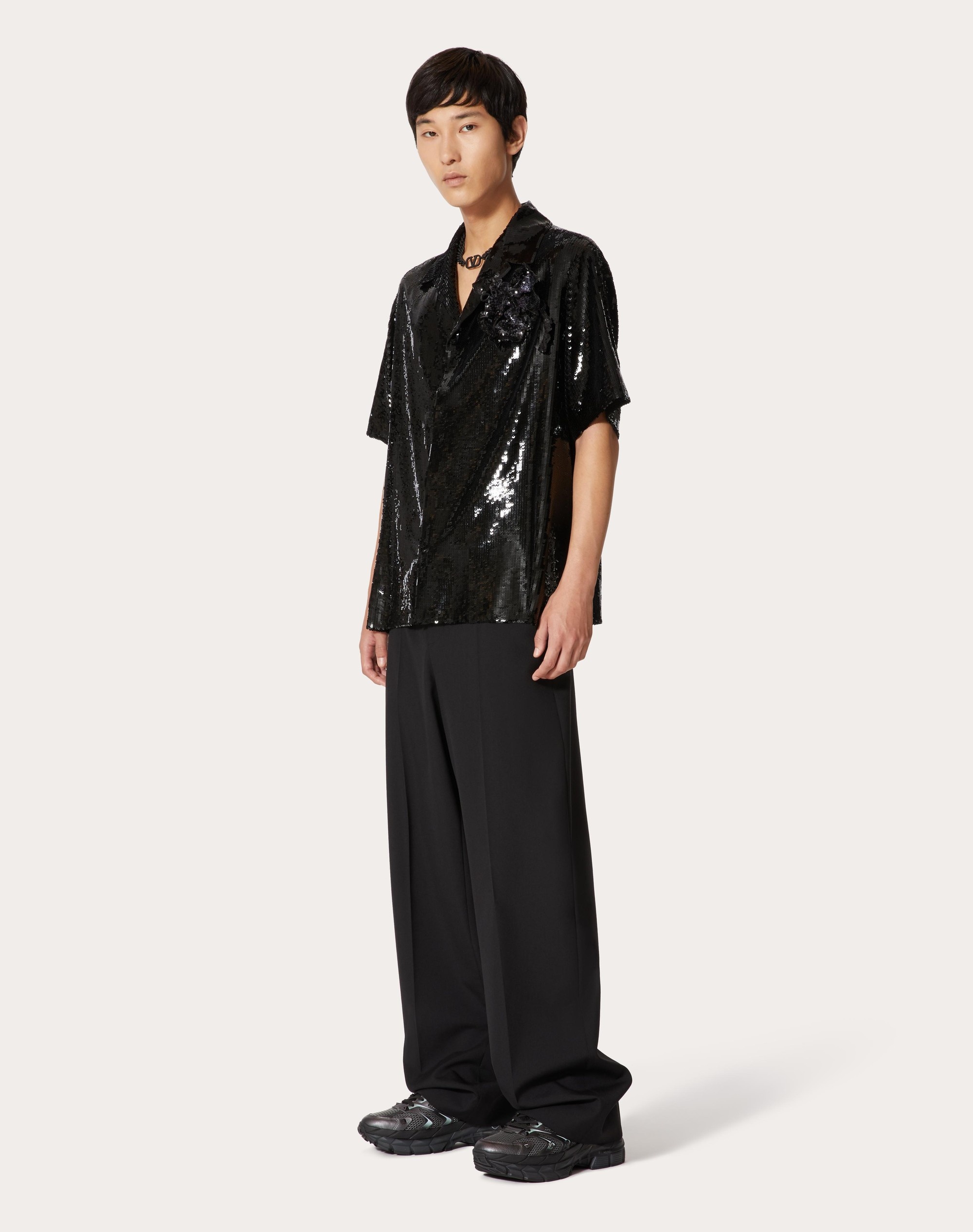 CHIFFON BOWLING SHIRT WITH ALL-OVER SEQUINS AND FLORAL EMBROIDERY - 2