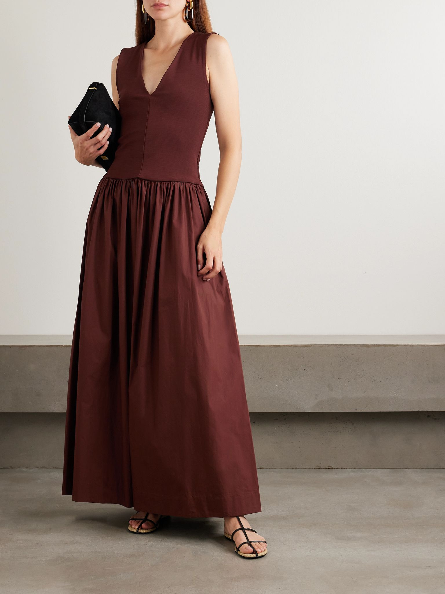Stretch-knit and gathered organic cotton-poplin maxi dress Brown - 2