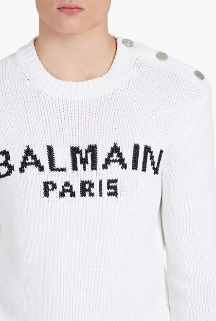 White cotton sweater with embroidered black Balmain Paris logo - 9