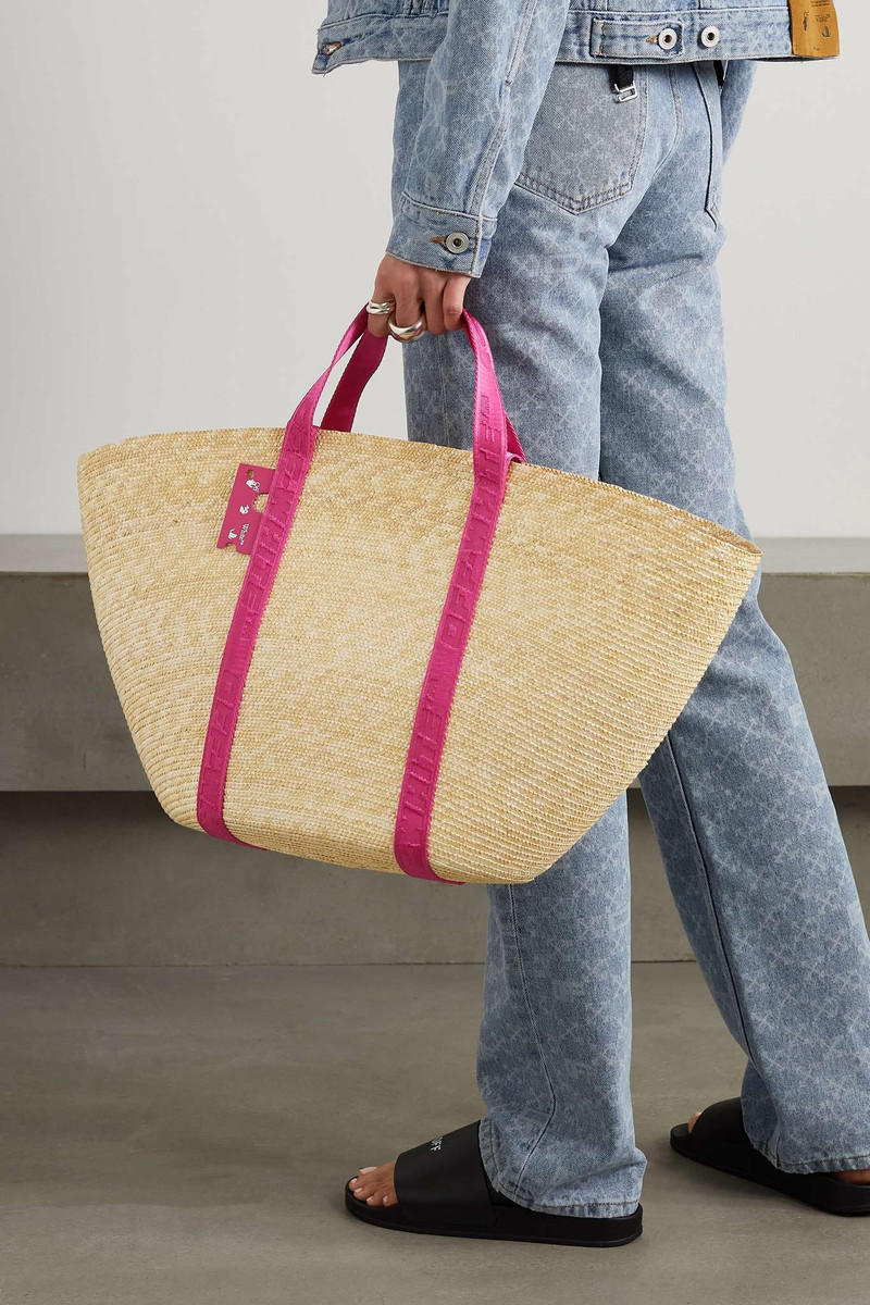 Off-White Commercial leather and canvas-jacquard trimmed straw tote outlook